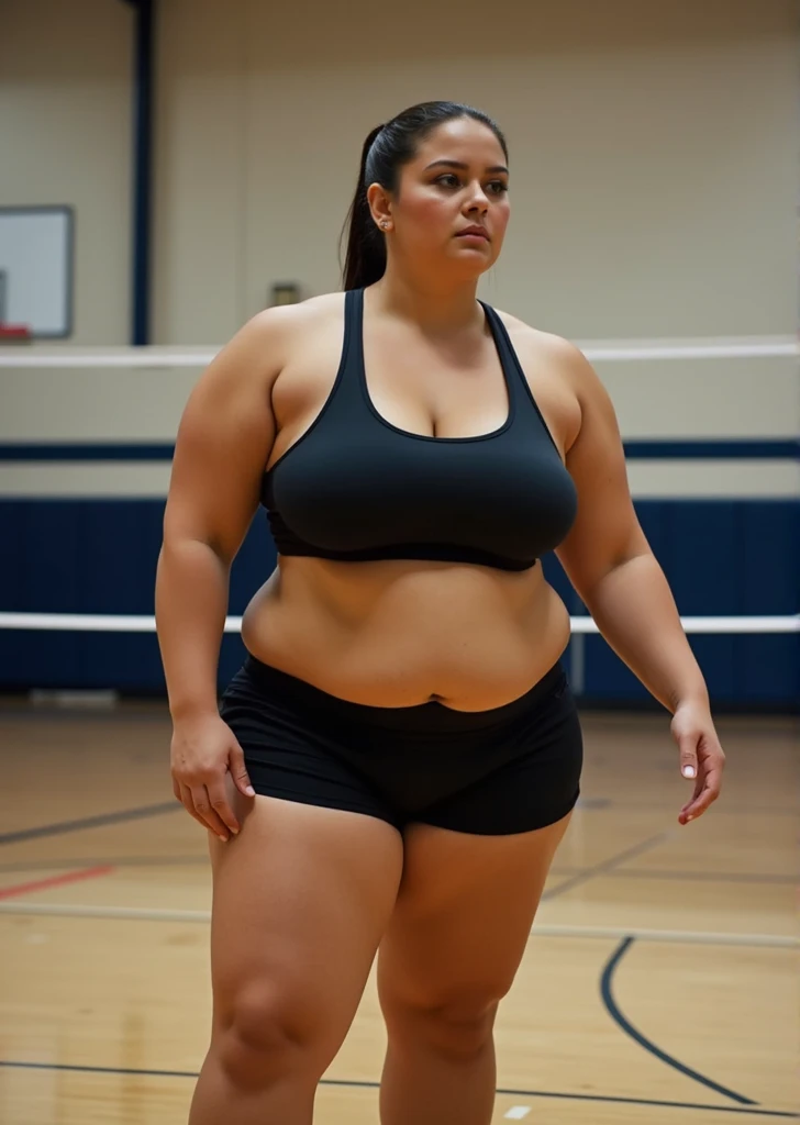 Exceptionally tall woman. 6ft 10in tall, 290lb weight. Chubby but athletic. Broad, strong back and shoulders. Toned hip abductor and hip adductor muscles. Large chest, with enormous and prominent breasts. Thick thighs. Athletic shorts and tank top. Gym teacher. Serious but fun. In the school gymnasium, intimidating the boys. 