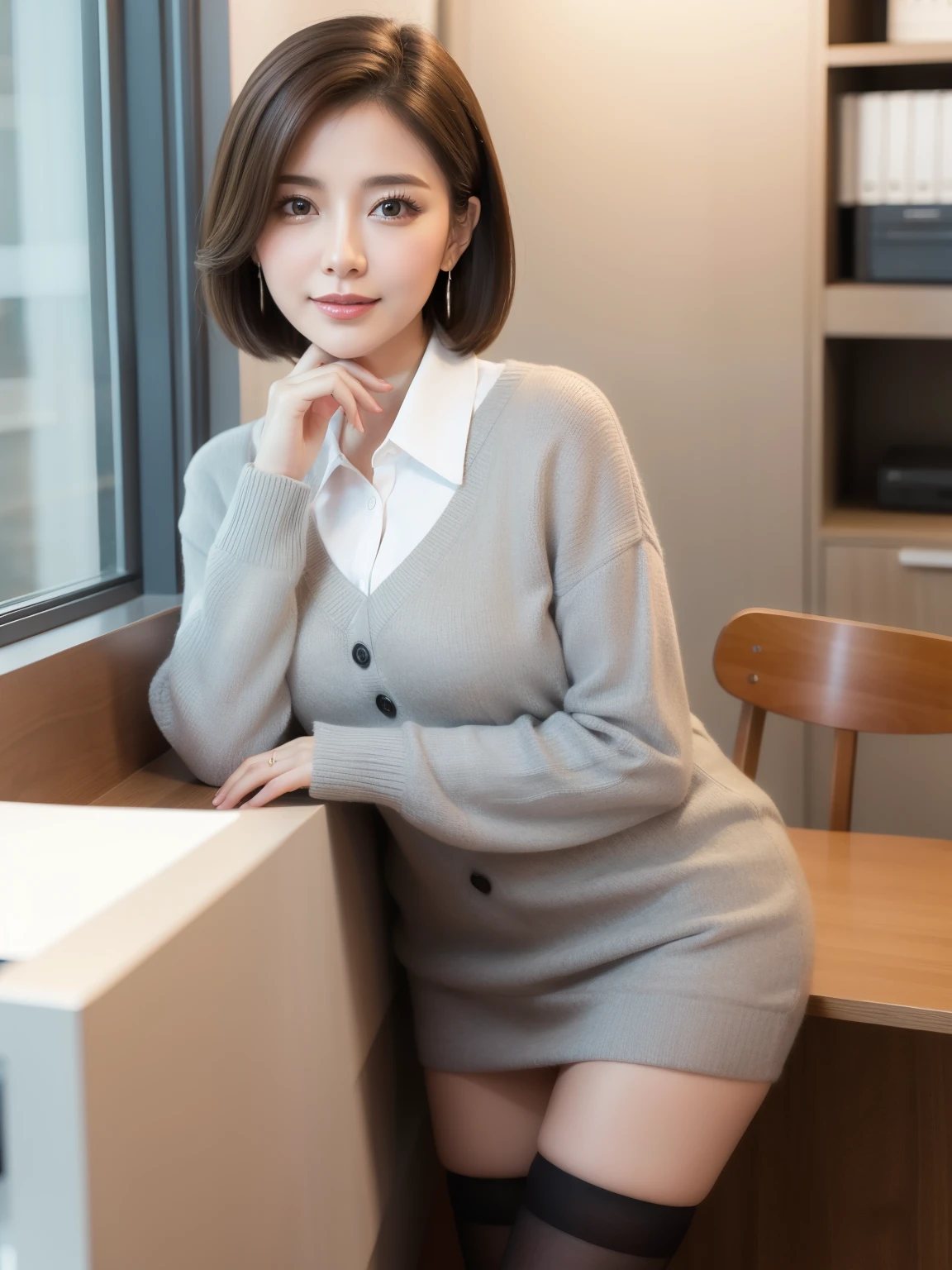 ((masterpiece))、((top-quality))、  realism、High image quality 、ultra detailed 、 Delicate facial features 、 short hair、 realistic backgrounds and accessories、 Big Soft Chest 、40 years old、secretary、 office、Work on PC 、 light gray sweater、 white collar、  Short Miniskirt、Orange light、 black stockings 、Wide angle，