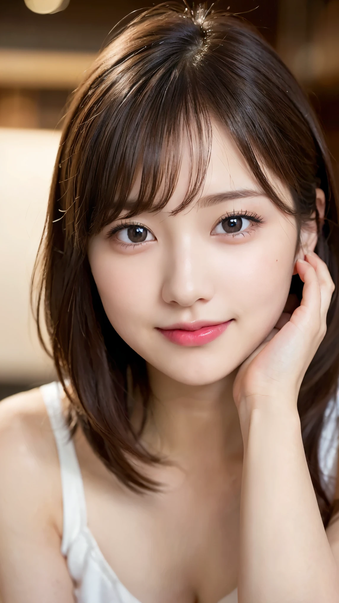 (1girl), Extremely cute, Amazing face and eyes, (Beautiful lovely smile), (extremely detailed beautiful face), bright shiny lips, (Best Quality:1.4), (Ultra-detailed), (A hyper-realistic, Photorealsitic:1.37), Beautiful fair skin, (Soft and squishy:1.3), extremely detailed CG unified 8k wallpaper, RAW Photos, professional photograpy, Cinematic lighting,