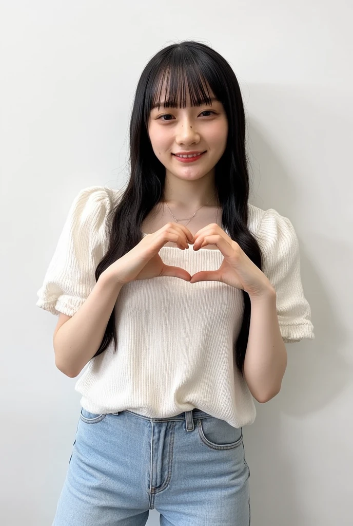 Only one woman with a cute smile is in a pose wearing off-shoulder pajamas, making a firm big heart shape with both hands, and holding them in front of her chest, View above collarbone、The background is a monotone 

