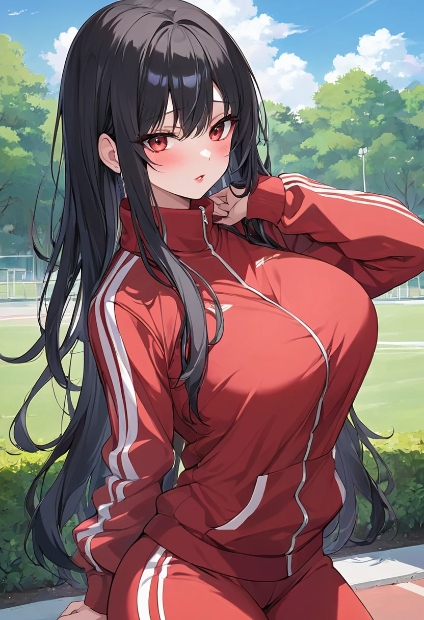 Beautiful anime style girl, long black hair, slightly reddish lips, red eyes, red tracksuit with white stripes, park background, beautiful, big breasts, beautiful, blushing slightly.