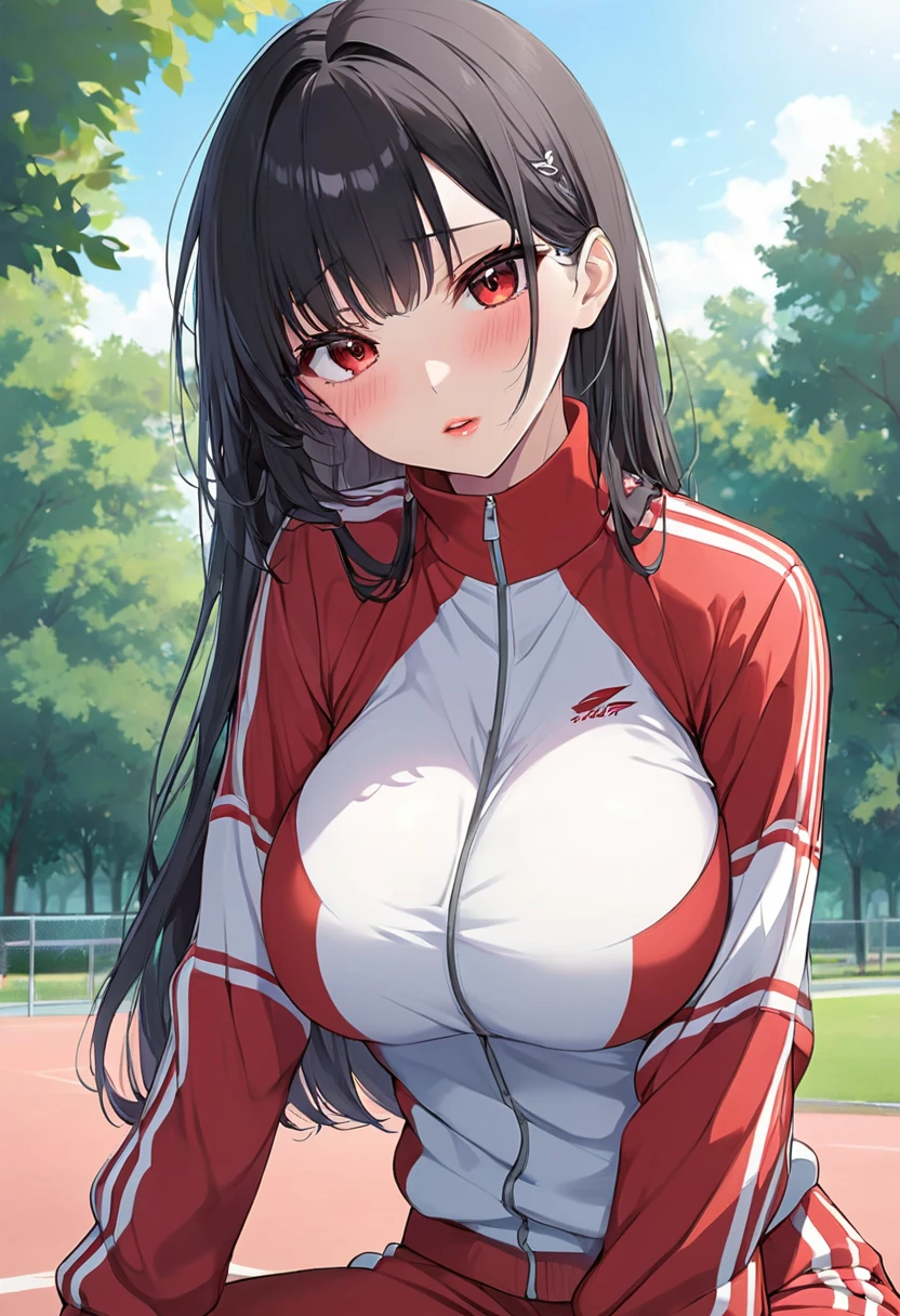 Beautiful anime style girl, long black hair, slightly reddish lips, red eyes, red tracksuit with white stripes, park background, beautiful, big breasts, beautiful, blushing slightly.