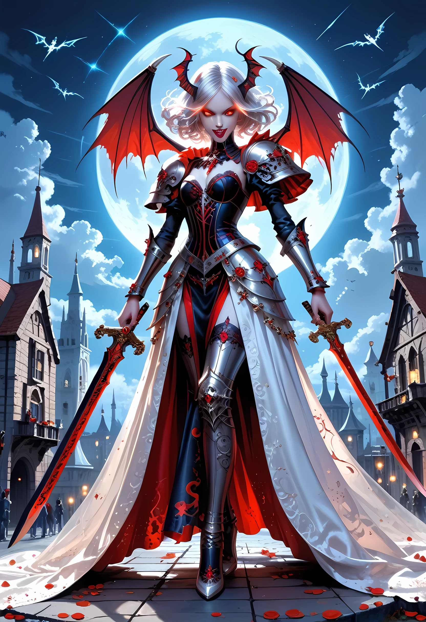 score_9, score_8_up, score_7 , Arafed, dark fantasy art, gothic art, a picturק of a vampire ready for battle, female vampire, blond hair, (glowing eyes: 1.3), (vampire fangs: 1.3), ((full body: 1.5)),  ((armed with a silver sword: 1.3)), wearing heavy armor , armed with a sword, shining sword, ultra detailed face (intricate detailed, Masterpiece, best quality: 1.4), pale skin, glowing eyes, red eyes, ultra feminine, pale skin, dynamic hair, dark fantasy urban street (intricate detailed, Masterpiece, best quality: 1.4), moon light, star light, clouds, ral-ertmsphr, hyp3rd3tail style