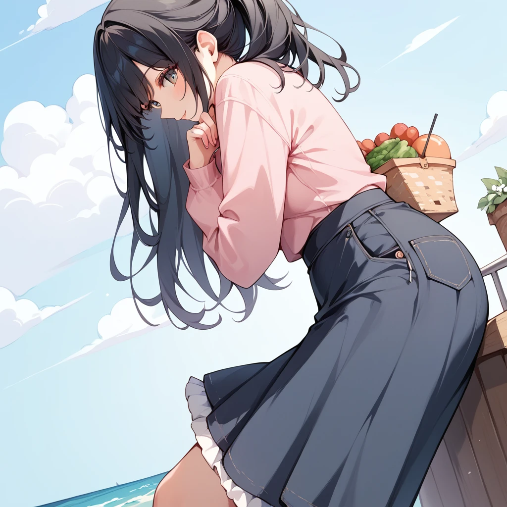  1 girl, Black Hair, long hair , pink shirt, black skirt, ruffled clothes ,sea,port,port町,漁port,market,shopping