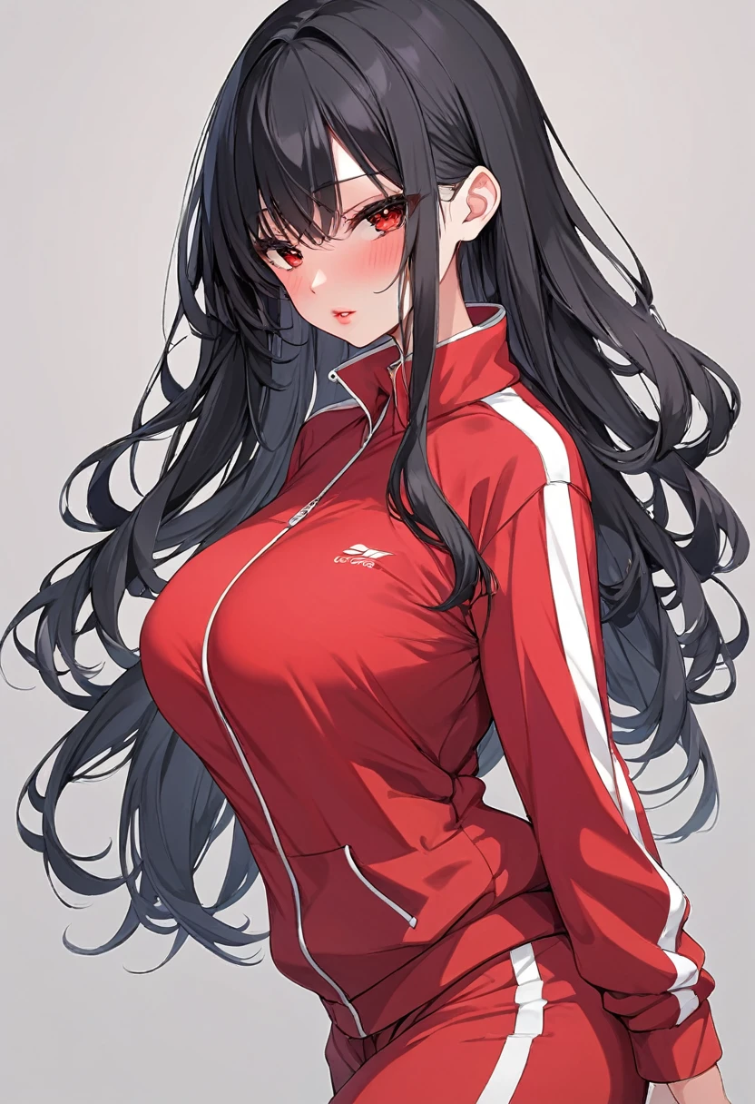 Beautiful anime style girl, long black hair, slightly reddish lips, red eyes, red tracksuit with white stripes,  beautiful, big breasts, beautiful, blushing slightly.