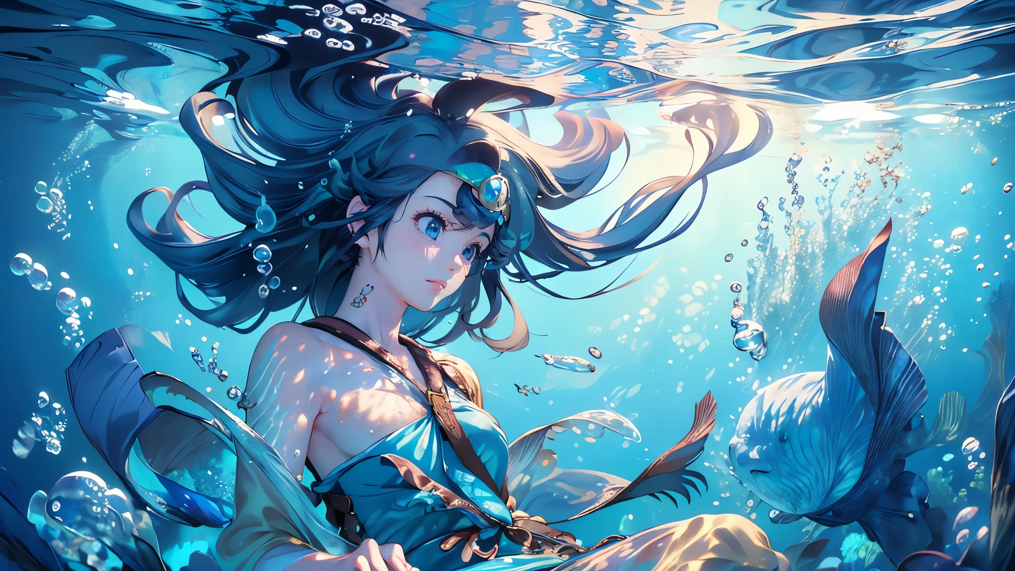 (masterpiece)、(Highest quality)、Very detailed、Perfect Face、(Solo upper body shot:1.3)、(Underwater:1.4)、Ocean、Light、bubble、From Adobe、Oceanの藻、(深Ocean:1.4)、Blue leotard、Dynamic pose、Sitting cross-legged、Ocean底、Floating objects、Black Hair、Long Hair、Swinging Hair、Shortness of breath