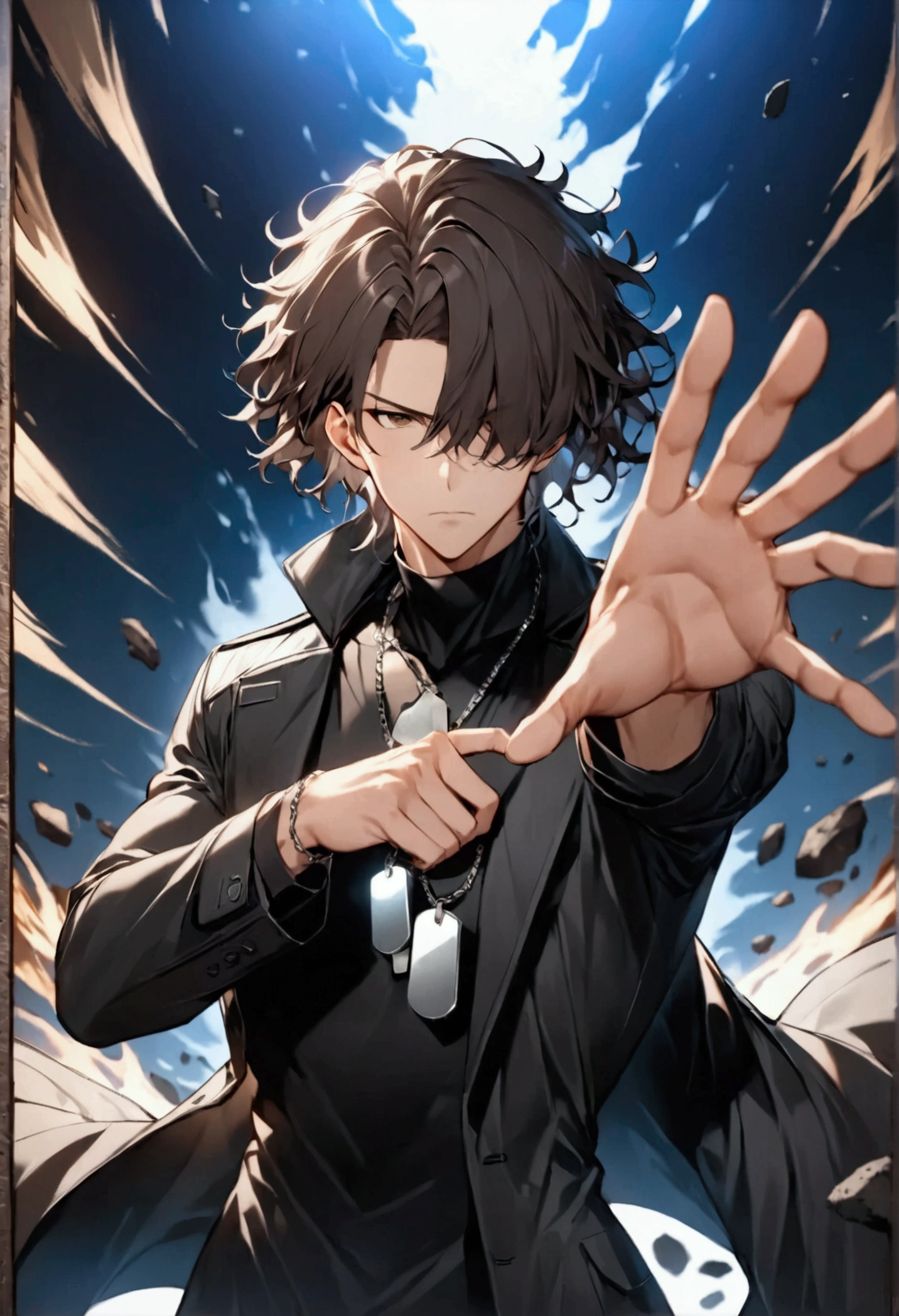 (masterpiece,  best quality:1.2), Wild medium haired young man with dark hair "Kurusu ", clothing:  dog tag necklace wearing a black long coat with a deep collar on a black t-shirt,  upper body focus ,  Bust Up Shot,simple background with a starry sky on one side,  raising his right hand with a serious expression （Pose where the right hand is ajar and the back of the hand is turned outward and the right wrist is grabbed with the left hand）,Rin々Shi, cool design art , best quality, shape,  very detailed, fine,  high definition, 8k wallpaper, Biologically accurate depiction, real 2D digital art,A black energy rises violently from all over the body, and debris floats around,psychic action hero, (( Motion Blur：2.0,  background blur)),dynamism, Tension,  CINEMATIC LIGHTING, moonlight, (  Best Composition  ), ( masterpiece), (Best Quality),Distort the entire background up and down 