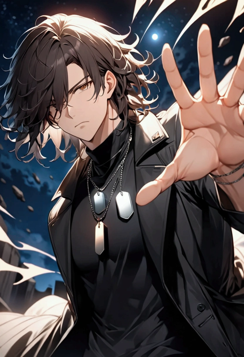 (masterpiece,  best quality:1.2), Wild medium haired young man with dark hair "Kurusu ", clothing:  dog tag necklace wearing a black long coat with a deep collar on a black t-shirt,  upper body focus ,  Bust Up Shot,simple background with a starry sky on one side,  raising his right hand with a serious expression （Pose where the right hand is ajar and the back of the hand is turned outward and the right wrist is grabbed with the left hand）,Rin々Shi, cool design art , best quality, shape,  very detailed, fine,  high definition, 8k wallpaper, Biologically accurate depiction, real 2D digital art,A black energy rises violently from all over the body, and debris floats around,psychic action hero, (( Motion Blur：2.0,  background blur)),dynamism, Tension,  CINEMATIC LIGHTING, moonlight, (  Best Composition  ), ( masterpiece), (Best Quality),Distort the entire background up and down 