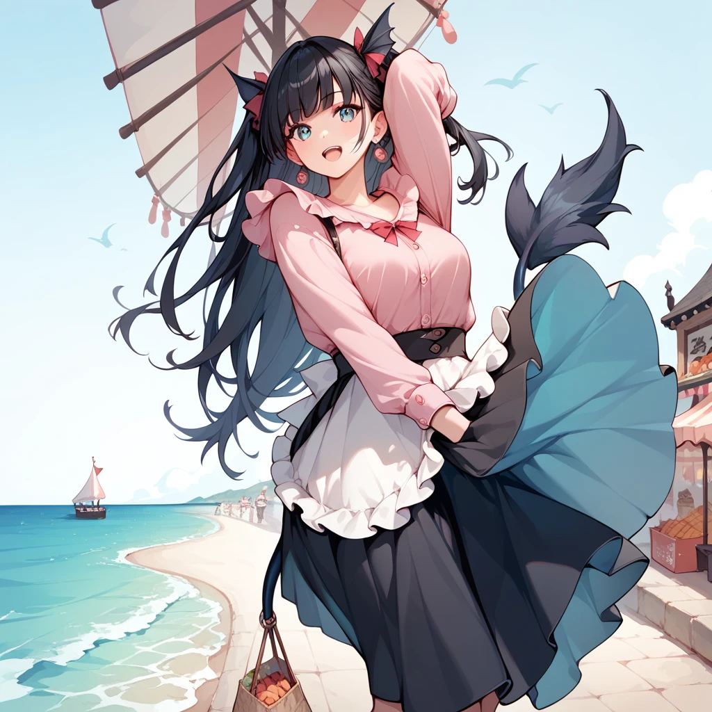  1 girl, Black Hair, long hair , Beast Ears,Tail, pink shirt, black skirt, ruffled clothes ,sea,port,port町,漁port,market,shopping