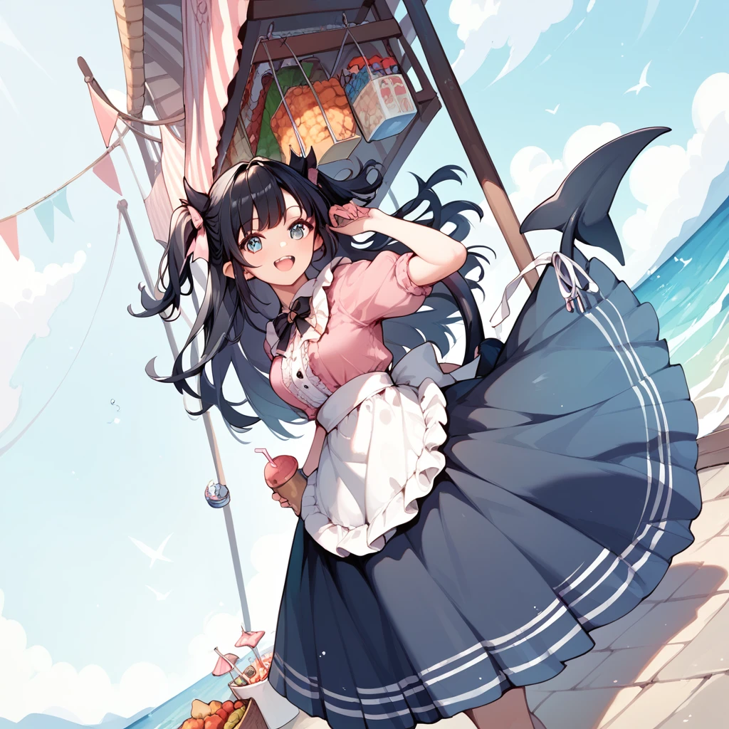  1 girl, Black Hair, long hair , Beast Ears,Tail, pink shirt, black skirt, ruffled clothes ,sea,port,port町,漁port,market,shopping