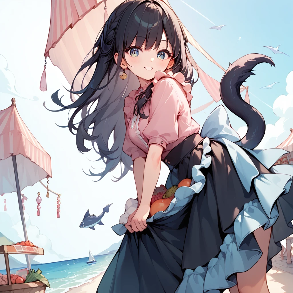  1 girl, Black Hair, long hair , Beast Ears,Tail, pink shirt, black skirt, ruffled clothes ,sea,port,port町,漁port,market,shopping