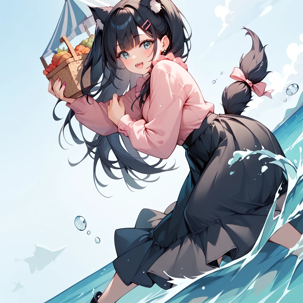  1 girl, Black Hair, long hair , Beast Ears,Tail, pink shirt, black skirt, ruffled clothes ,sea,port,port町,漁port,market,shopping