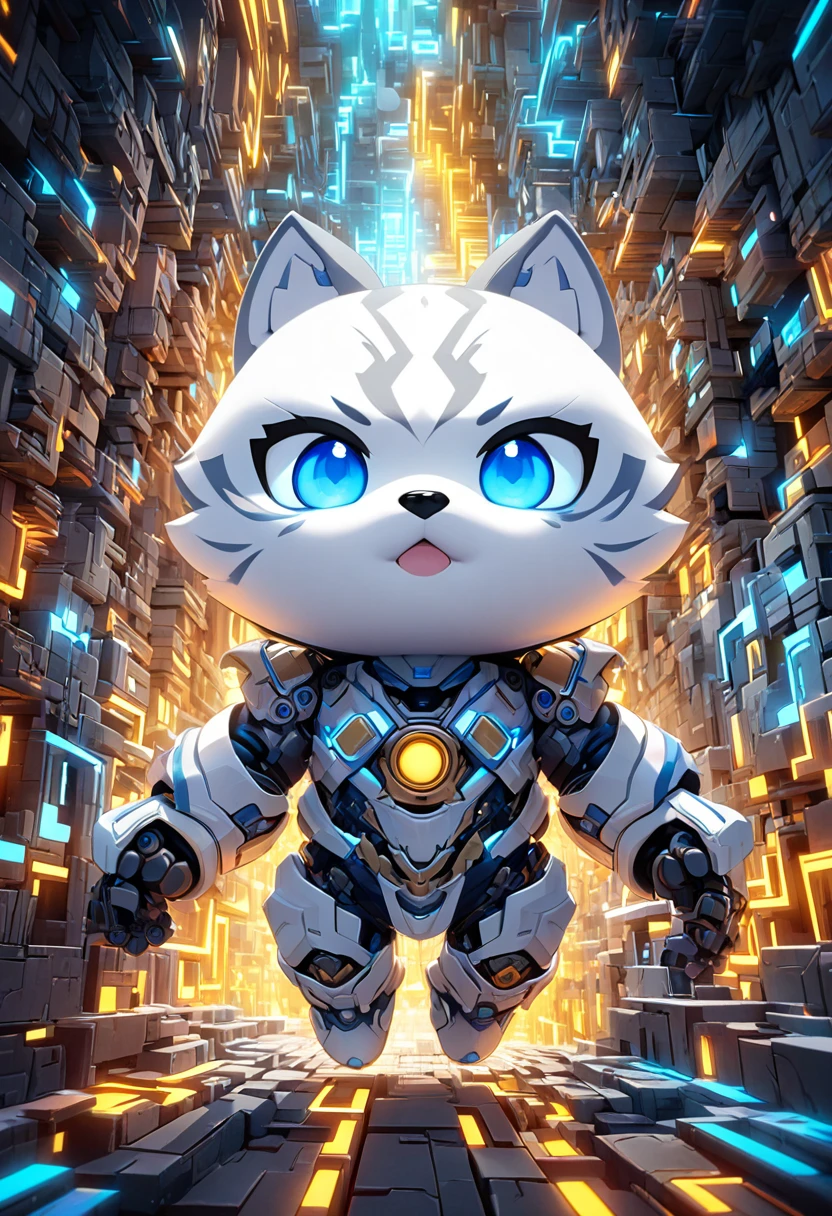 chibi, robot, cute, super deformed,Husky-warrior, white body, glowing blue eyes, wandering through a fluorescent maze, various effects, delicate and dynamic textures, 2.5D, digital graphic CG fantasy art, ultra detailed, absolutely resolution, best quality