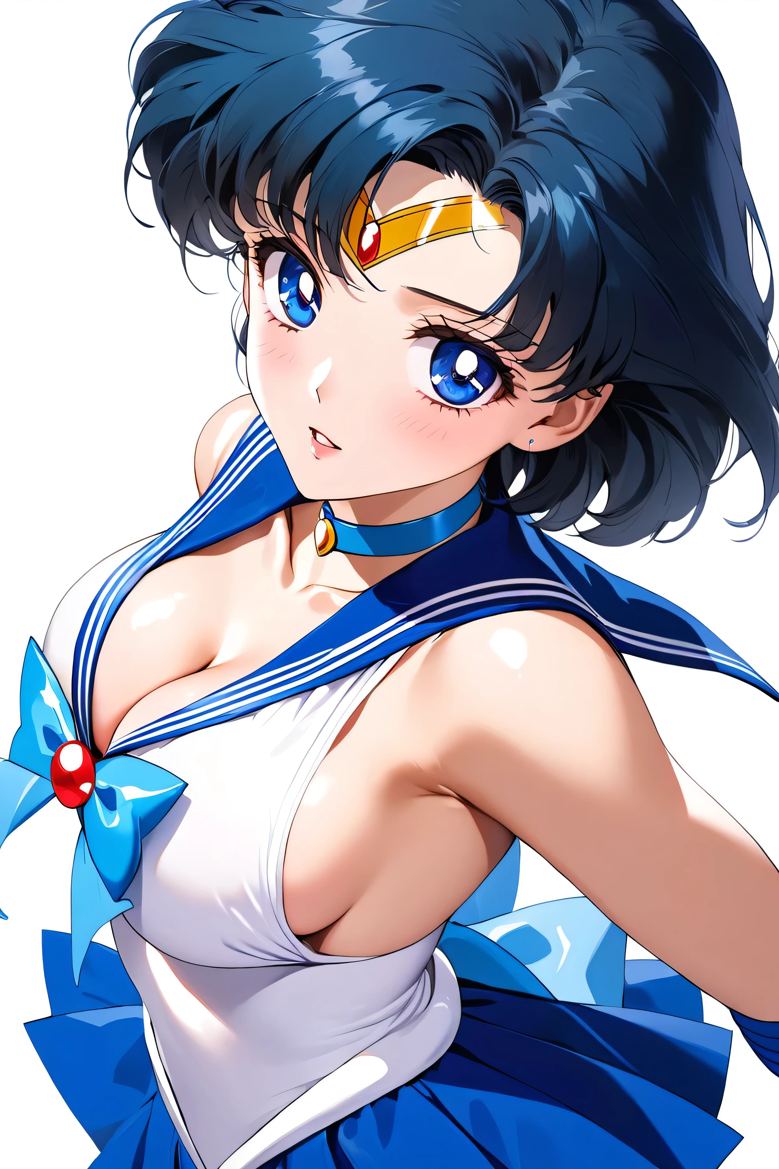masterpiece, Best Quality, High resolution,16k,official art,super detailed skin,detailed,animated painting,(Sailor mercury:1.5),1990s \(style\),(E-cup beautiful breasts)、 (tall:1.2),height: 175cm,Fashion model body type、(cleavage,sideboob,underboob:1.5),Sexy long legs, blue hair,shortcut hair、blue eyes, white panty, (sailor mercury costume,sleaveless white shirt,blue collar,blue skirt,white glove,white panty:1.5),Muscular、1girl,solo,nsfw,sexy,shy,blush,(vulgarity:1.2)、(Ahegao:1.2),Anime-style painting style,Close up on upper body,Cinematic lighting,Superfine,Seductively Posing,dynamic angle,extreme closeup shot,simple white background,from above,looking at viewer