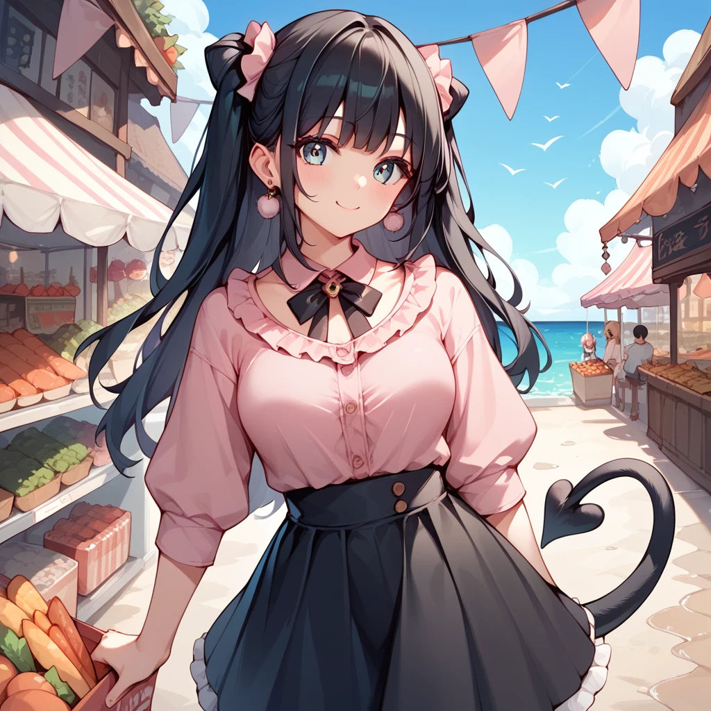  1 girl, Black Hair, long hair , Beast Ears,Tail, pink shirt, black skirt, ruffled clothes ,sea,port,port町,漁port,market,shopping