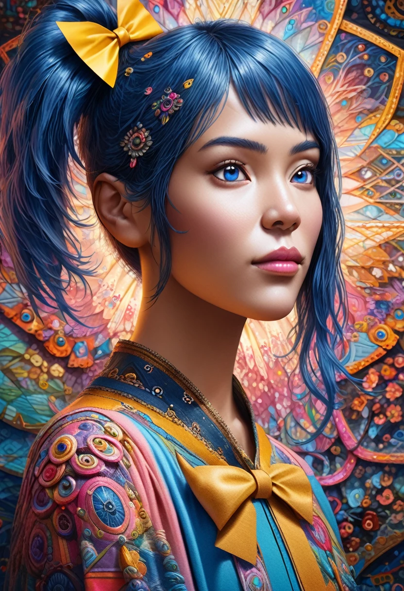 Sora Harewataru, blue eyes, blue hair, side ponytail, yellow bow, 1girl, detailed facial features, beautiful detailed eyes, beautiful detailed lips, extremely detailed face, long eyelashes, illustration, colorful, vibrant, soft lighting, pastel colors, dreamlike, whimsical, detailed background, intricate patterns, (best quality,4k,8k,highres,masterpiece:1.2),ultra-detailed,(realistic,photorealistic,photo-realistic:1.37)