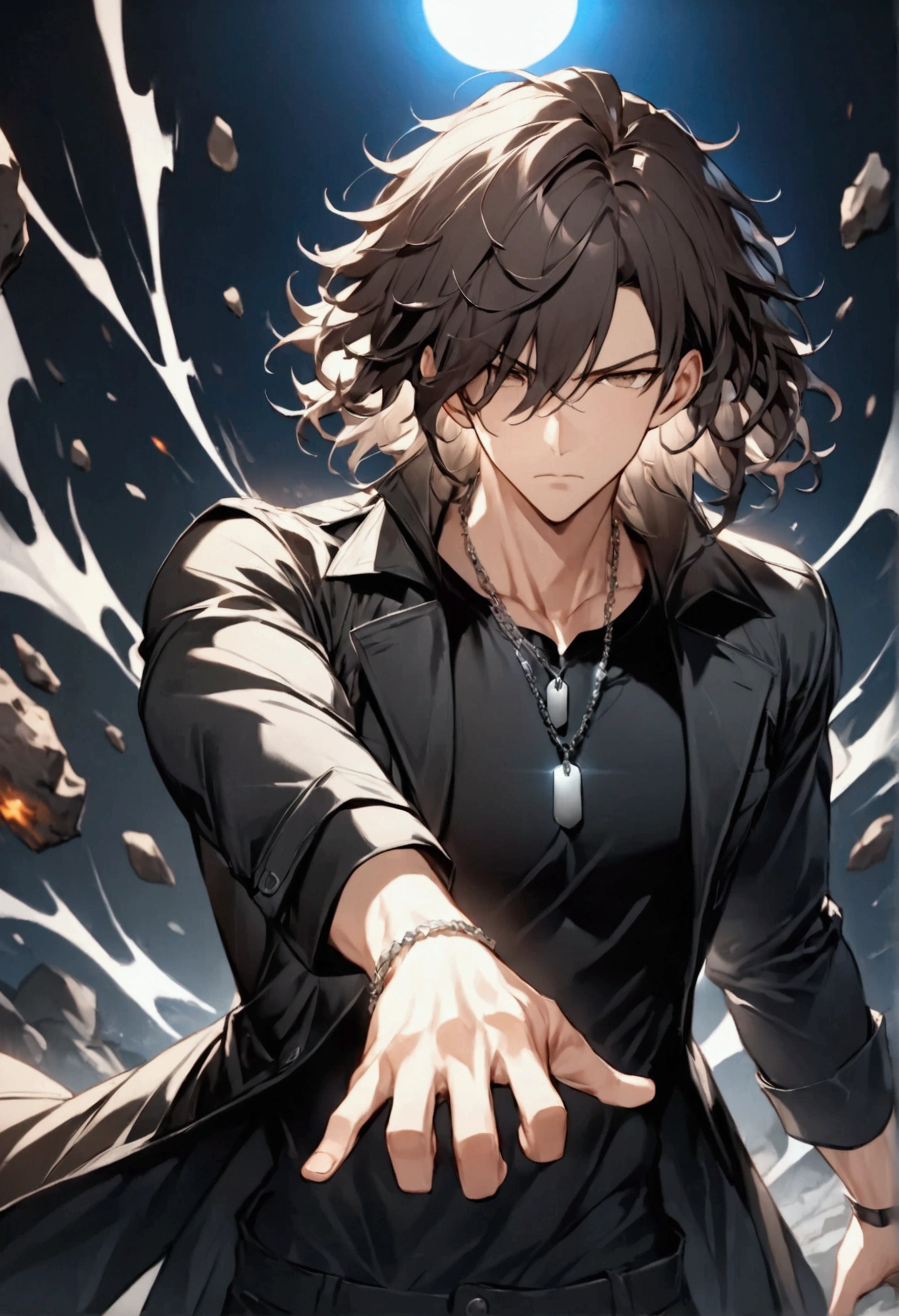 (masterpiece,  best quality:1.2), Wild medium haired young man with dark hair "Kurusu ", clothing:  dog tag necklace wearing a black long coat with a deep collar on a black t-shirt,  upper body focus ,  Bust Up Shot,simple background with a starry sky on one side,  raising his right hand with a serious expression （Pose where the right hand is ajar and the back of the hand is turned outward and the right wrist is grabbed with the left hand）,Rin々Shi, cool design art , best quality, shape,  very detailed, fine,  high definition, 8k wallpaper, Biologically accurate depiction, real 2D digital art,A black energy rises violently from all over the body, and debris floats around,psychic action hero, (( Motion Blur：2.0,  background blur)),dynamism, Tension,  cinematic lighting , moonlight, (  Best Composition  ), ( masterpiece), (Best Quality),Distort the entire background up and down 