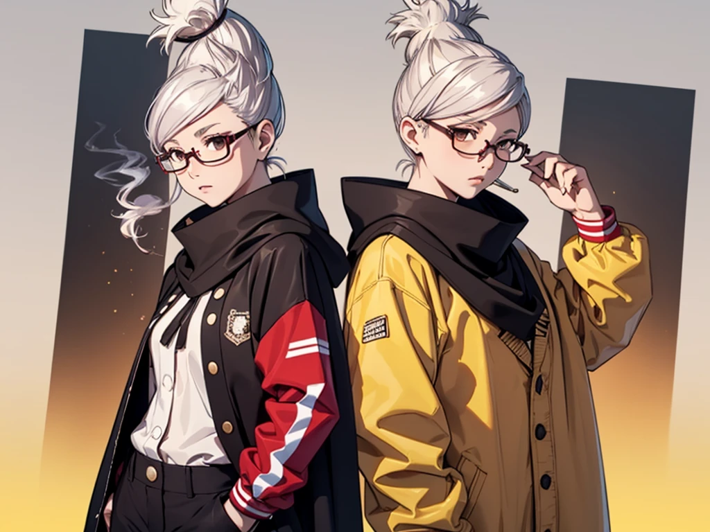  score_9,  score_8_up,  score_7_up, sauce, break,  detailed background, shrine, 
 1 girl, Alone,  ,  Gradient Background ,  cowboy shot, Place your arms on your hips, Smoking ,
Seiko Ayase, Gray Hair, Long Hair, Hair tied up,  Top Knot,  Brown Eyes ,  half rimless glasses ,
General attire, neck cape ,  letterman jacket,  long sleeve, Black Cape,  clevis, sweater
