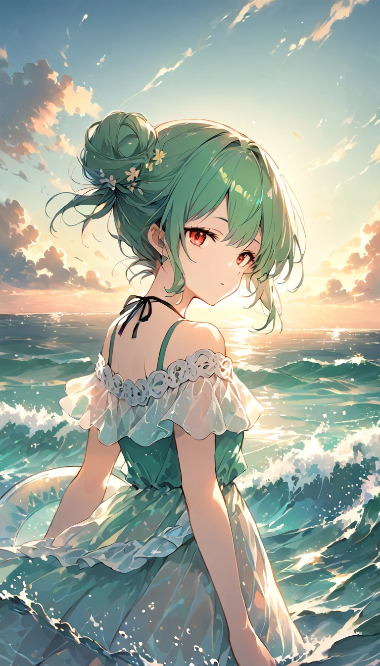 (((Young Girl)))、(( 1 girl)),( Red Eyes),（Short stature）,(Slanted Eyes),(( emerald green hair ))、( bun hair)、Young appearance、(( swimsuit))、In the water、One side of the sea、(((Girl ride on the innertube)))、Vector art、spirit of the wind、Backlight、Bright in backlight、Sun behind、Summer sky、cumulonimbus、Narrowed eyes and a happy look、cheek、The waves splash and the water shines beautifully.