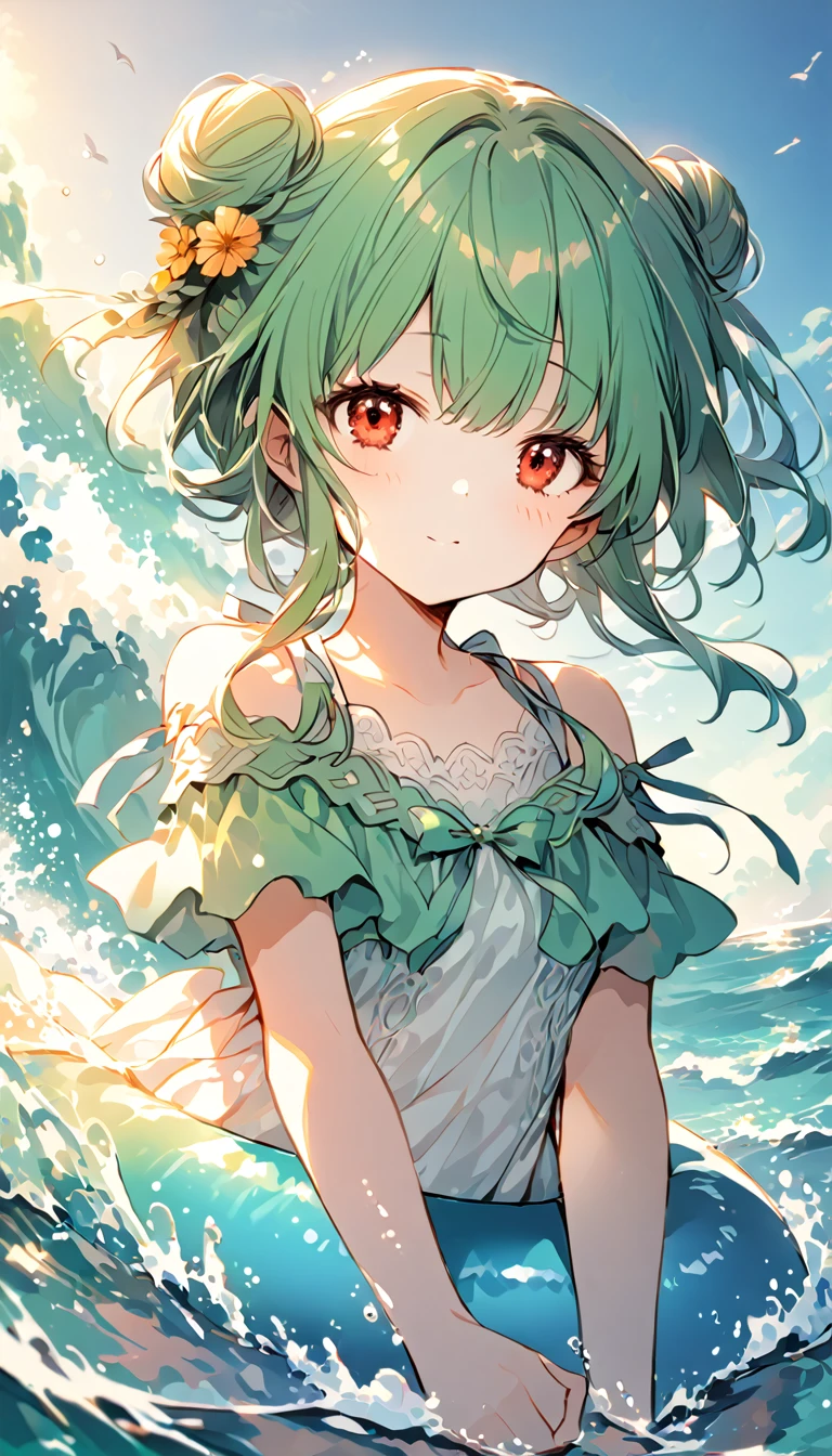 (((Young Girl)))、(( 1 girl)),( Red Eyes),（Short stature）,(Slanted Eyes),(( emerald green hair ))、( bun hair)、Young appearance、(( swimsuit))、In the water、One side of the sea、(((Girl ride on the innertube)))、Vector art、spirit of the wind、Backlight、Bright in backlight、Sun behind、Summer sky、cumulonimbus、Narrowed eyes and a happy look、cheek、The waves splash and the water shines beautifully.