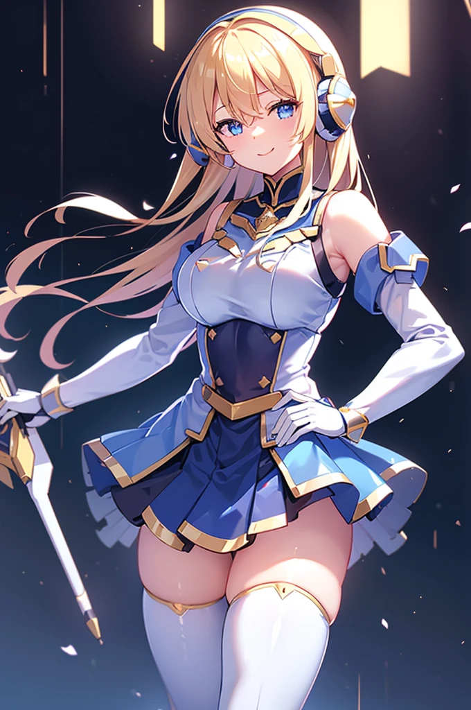  smiling、mecha wing、Thighs、tights、chest、shiny blond hair、 1 girl、 solo girl 、 headphones、idol dress、idol skirt、mecha girl、Light Blue Armor、 white miniskirt 、I'm holding a beam rifle,beamrifle