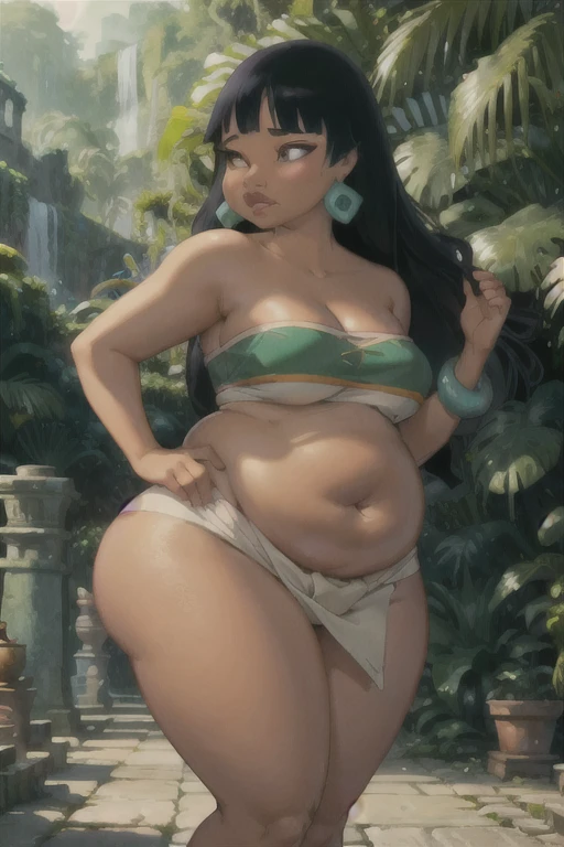 
A chubby version of Chel from The Road to El Dorado stands in a lush, jungle setting with a playful, confident expression. Her figure is fuller, with rounded hips and a prominent, soft, round belly that presses gently against her fitted El Dorado attire. Her bronze skin glows warmly in the sunlight filtering through the trees, and her thick, black hair falls over her shoulders in smooth waves. Her hands rest on her curvy hips, drawing attention to her plump, rounded tummy, as ancient stone ruins and tropical greenery create an exotic, adventurous backdrop around her.