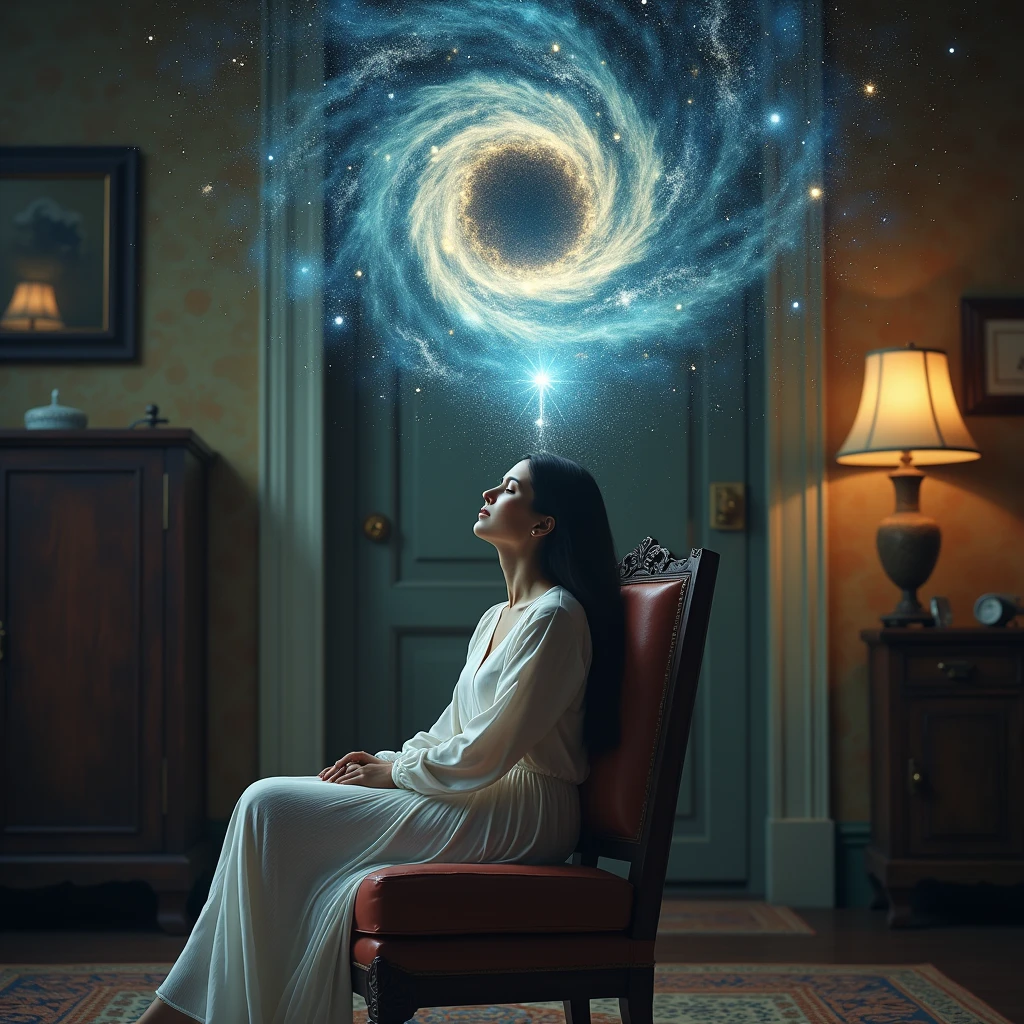  a woman sitting on a chair with her eyes closed in a room in an old Western-style building 、 depicting a galaxy swirling over a woman's head, and part of it flows into the woman's head、((Akashic Records、Akashic Recordsリーディングを映像化して:2))