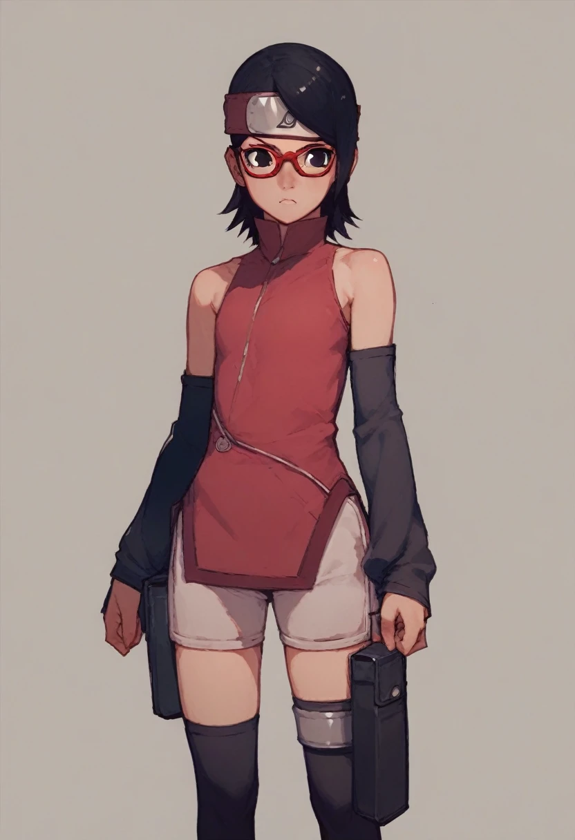 saradaSDXL,1girl,black hair,thighhighs,black eyes,shorts,detached sleeves,glasses,bike shorts,red-framed eyewear,forehead protector,konohagakure symbol
