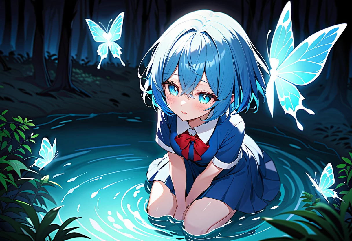 sparkle, star \(symbol\), crystal butterfly, bioluminescence, blue glow, cyan glow, green glow, red glow, monster girl, monster girl encyclopedia, ,glowneon, glowing, cirno, (blue hair, short hair), blue eyes, hair bow, blue dress, short sleeves, ice wings, red bowtie, glowify, shallow water, reflective water, wariza, arms between legs, from above, look up, look away, cry, darkness, glowing eyes, tears, vain, forest, pond, fantastic