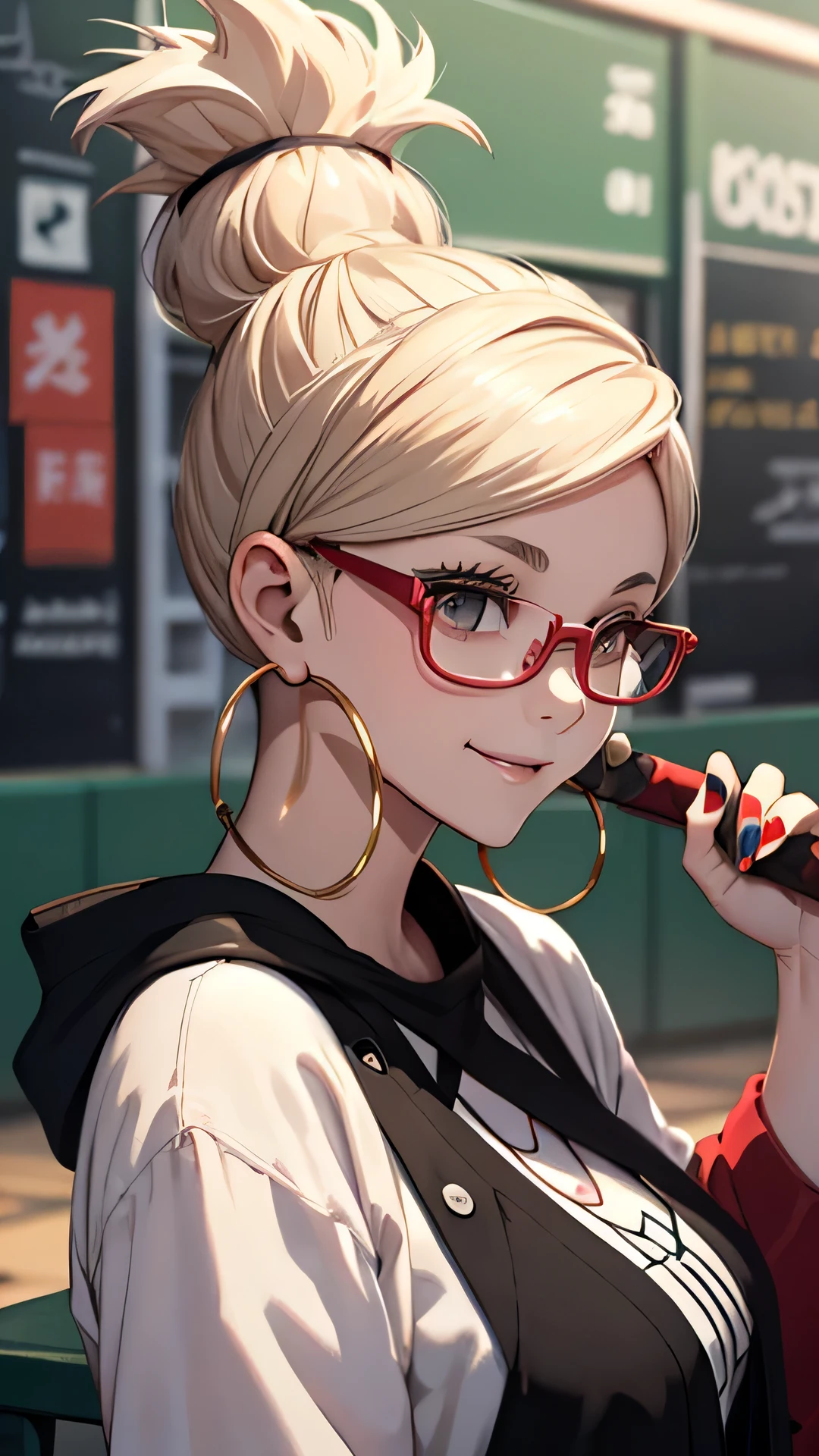 score_9, score_8_up, score_7_up, score_6_up, score_5_up, score_4_up,
1girl, portrait, cigarette, criss-cross halter, yellow sweater, bedroom, red-framed eyewear, holding baseball bat, baseball bat, hoop earrings, nail polish, smile, hair bun,  se1k0ae