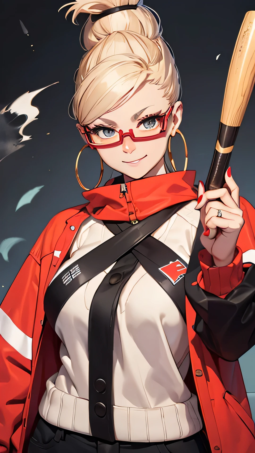 score_9, score_8_up, score_7_up, score_6_up, score_5_up, score_4_up,
1girl, portrait, cigarette, criss-cross halter, yellow sweater, bedroom, red-framed eyewear, holding baseball bat, baseball bat, hoop earrings, nail polish, smile, hair bun,  se1k0ae