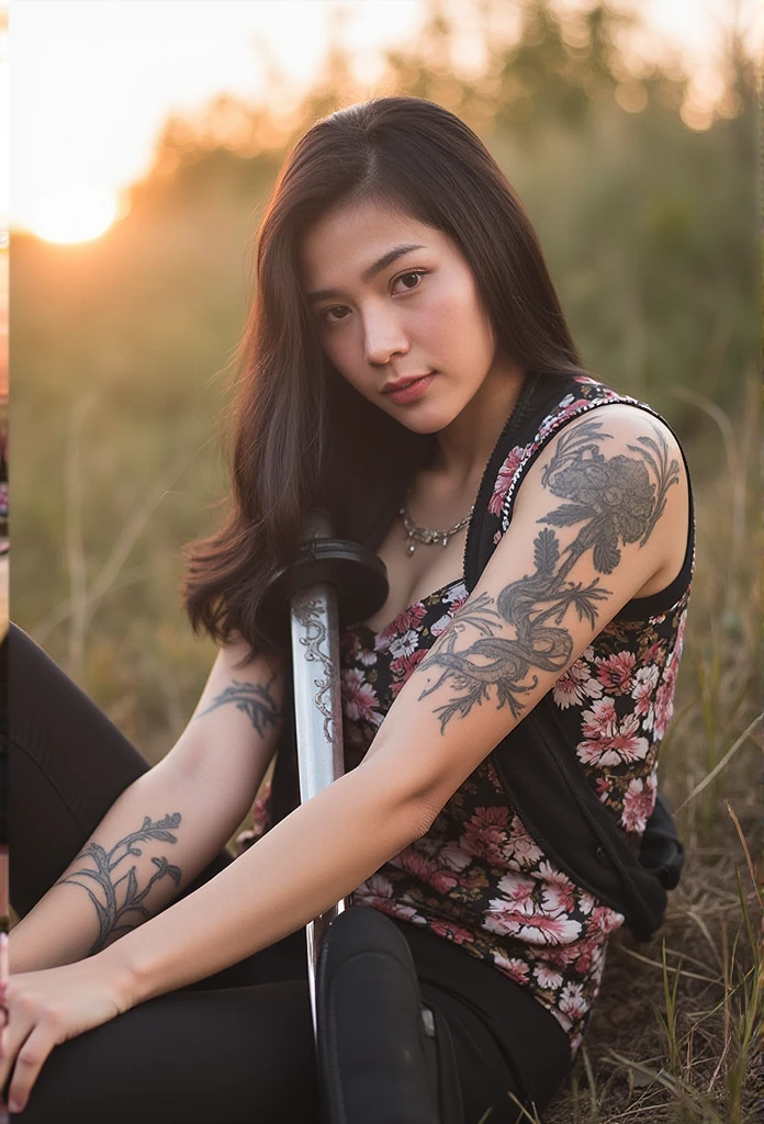 woman sitting on the ground with a sword and tattoo, Slim Yakuza Girl, katanas strapped to her back, Oriental tattoos, She holds a katana sword, female Samurai, Yakuza tattoo on the body, of a Taiwanese girl with tattoos, Full body tattoos, Full body tattoos, behind her a decorated Korean pole weapon, Geisha tattooArafed woman exuding strength and grace, her piercing gaze locked on the horizon, embodying the spirit of the warrior. The sun casts a golden hue on her inked skin, each tattoo narrating tales of valor and tradition. The intricate patterns of her full body tattoos intertwine with the curves of her form, celebrating her heritage and the legacy of the Yakuza. As she adjusts her grip on the katana, the blade glints with a fierce allure, complementing the dual katanas strapped firmly across her back, whispering of battles fought and won. An aura of mystery surrounds her, a juxtaposition of femininity and ferocity, as the decorated Korean pole weapon leans against her shoulder, an extension of her indomitable spirit. Her attire is a blend of culture and modernity, the fabric flowing seamlessly, allowing for swift movement, while showcasing her tattoos that tell a story of perseverance, elegance, and history. The geisha tattoo, wrapped delicately around her arm, serves as a reminder of the beauty and discipline of the past, merging seamlessly with the contemporary symbols etched across her skin. In this serene moment, seated on the ground, she is both a guardian and a storyteller, a slender yet powerful figure in the rich tapestry of martial heritage, ready to rise and embrace whatever destiny awaits her. The atmosphere crackles with anticipation, the weight of tradition carried in every breath, as she prepares to carve her path into the world, sword in hand and tattoos glowing with a life of their own.