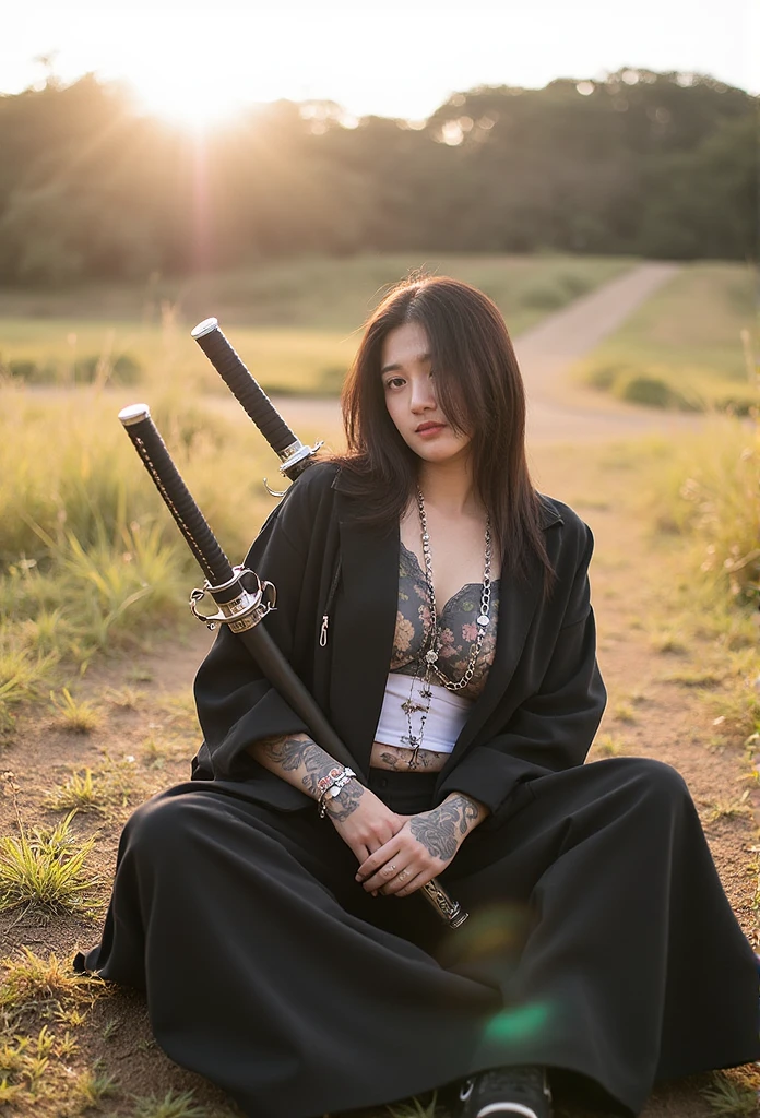 woman sitting on the ground with a sword and tattoo, Slim Yakuza Girl, katanas strapped to her back, Oriental tattoos, She holds a katana sword, female Samurai, Yakuza tattoo on the body, of a Taiwanese girl with tattoos, Full body tattoos, Full body tattoos, behind her a decorated Korean pole weapon, Geisha tattooArafed woman exuding strength and grace, her piercing gaze locked on the horizon, embodying the spirit of the warrior. The sun casts a golden hue on her inked skin, each tattoo narrating tales of valor and tradition. The intricate patterns of her full body tattoos intertwine with the curves of her form, celebrating her heritage and the legacy of the Yakuza. As she adjusts her grip on the katana, the blade glints with a fierce allure, complementing the dual katanas strapped firmly across her back, whispering of battles fought and won. An aura of mystery surrounds her, a juxtaposition of femininity and ferocity, as the decorated Korean pole weapon leans against her shoulder, an extension of her indomitable spirit. Her attire is a blend of culture and modernity, the fabric flowing seamlessly, allowing for swift movement, while showcasing her tattoos that tell a story of perseverance, elegance, and history. The geisha tattoo, wrapped delicately around her arm, serves as a reminder of the beauty and discipline of the past, merging seamlessly with the contemporary symbols etched across her skin. In this serene moment, seated on the ground, she is both a guardian and a storyteller, a slender yet powerful figure in the rich tapestry of martial heritage, ready to rise and embrace whatever destiny awaits her. The atmosphere crackles with anticipation, the weight of tradition carried in every breath, as she prepares to carve her path into the world, sword in hand and tattoos glowing with a life of their own.