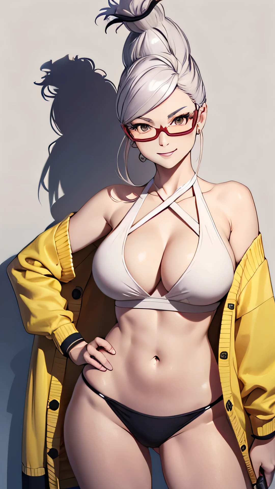 score_9,score_8_up,score_7_up, seiko ayase,1girl, armpit crease,criss-cross halter,  bare shoulders, baseball bat, beehive hairdo, black swimsuit, breasts, brown eyes, cardigan, cleavage, collarbone, glasses, hand on own hip, holding, holding baseball bat, large breasts, long hair, looking at viewer, mature female, metal baseball bat, navel, off shoulder,, red-framed eyewear, semi-rimless eyewear, simple background, smile, solo, swimsuit, tall hair, thighs, white hair, yellow cardigan