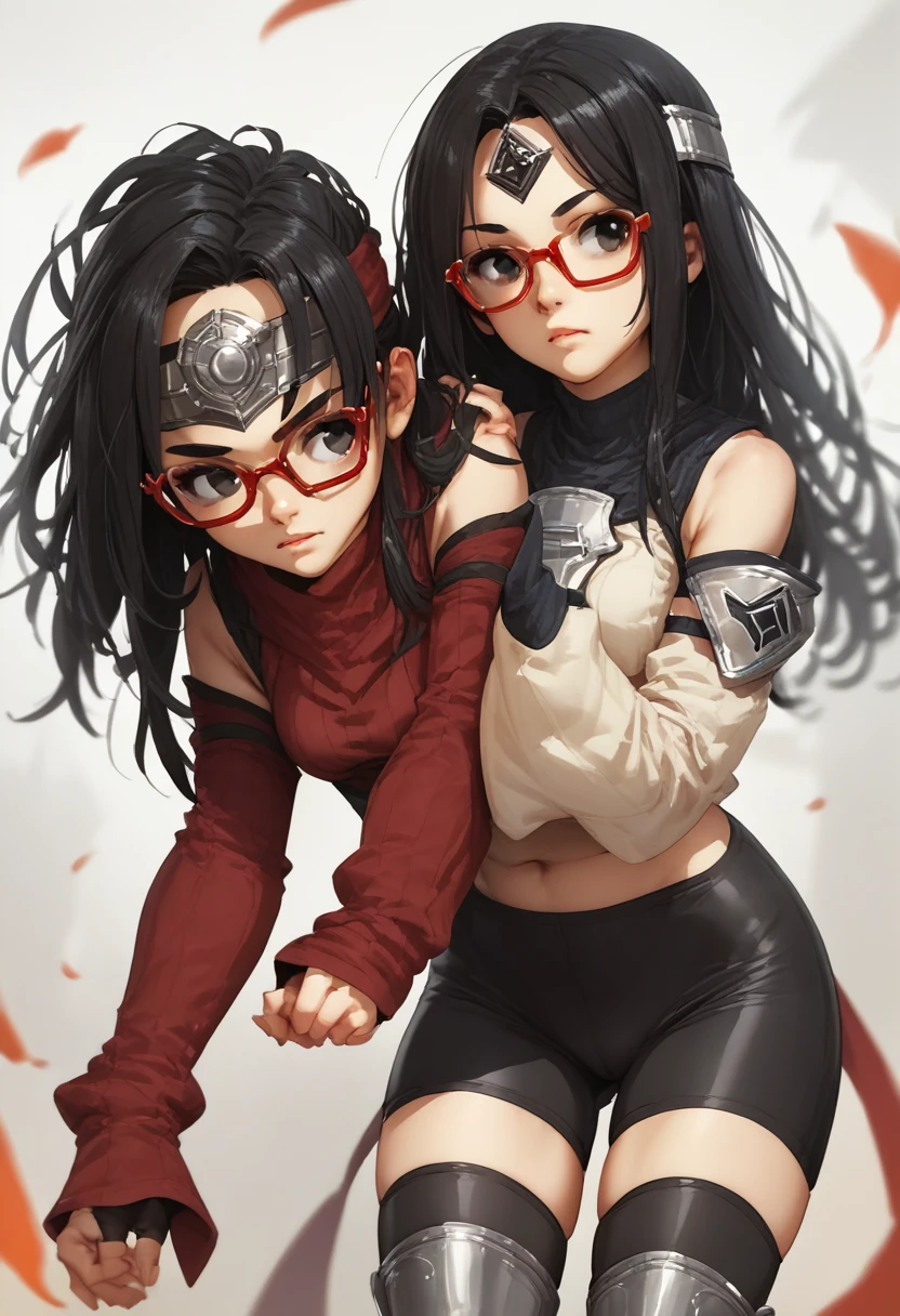 saradaSDXL,1girl,black hair,thighhighs,black eyes,shorts,detached sleeves,glasses,bike shorts,red-framed eyewear,forehead protector,konohagakure symbol
