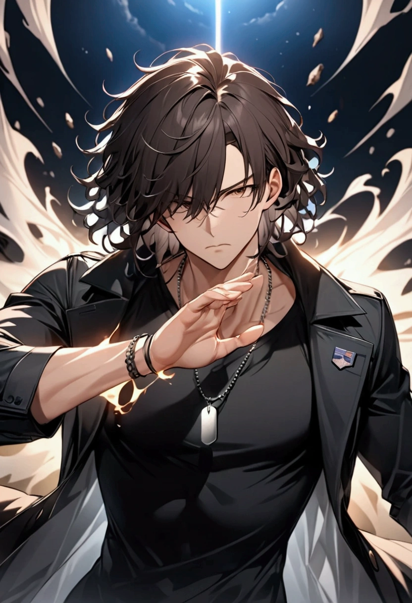 (masterpiece,  best quality:1.2), Wild medium haired young man with dark hair "Kurusu ", clothing:  dog tag necklace wearing a black long coat with a deep collar on a black t-shirt,  upper body focus ,  Bust Up Shot,simple background with a starry sky on one side,  raising his right hand with a serious expression （Pose where the right hand is ajar and the back of the hand is turned outward and the right wrist is grabbed with the left hand）,Rin々Shi, cool design art , best quality, shape,  very detailed, fine,  high definition, 8k wallpaper, Biologically accurate depiction, real 2D digital art,A black energy rises violently from all over the body, and debris floats around,psychic action hero,,dynamism, Tension,  cinematic lighting , moonlight, (  Best Composition  ), ( masterpiece), (Best Quality),The impact of high gravity distorts the body in the upper and lower axes (( Motion Blur：2.0,  background blur))