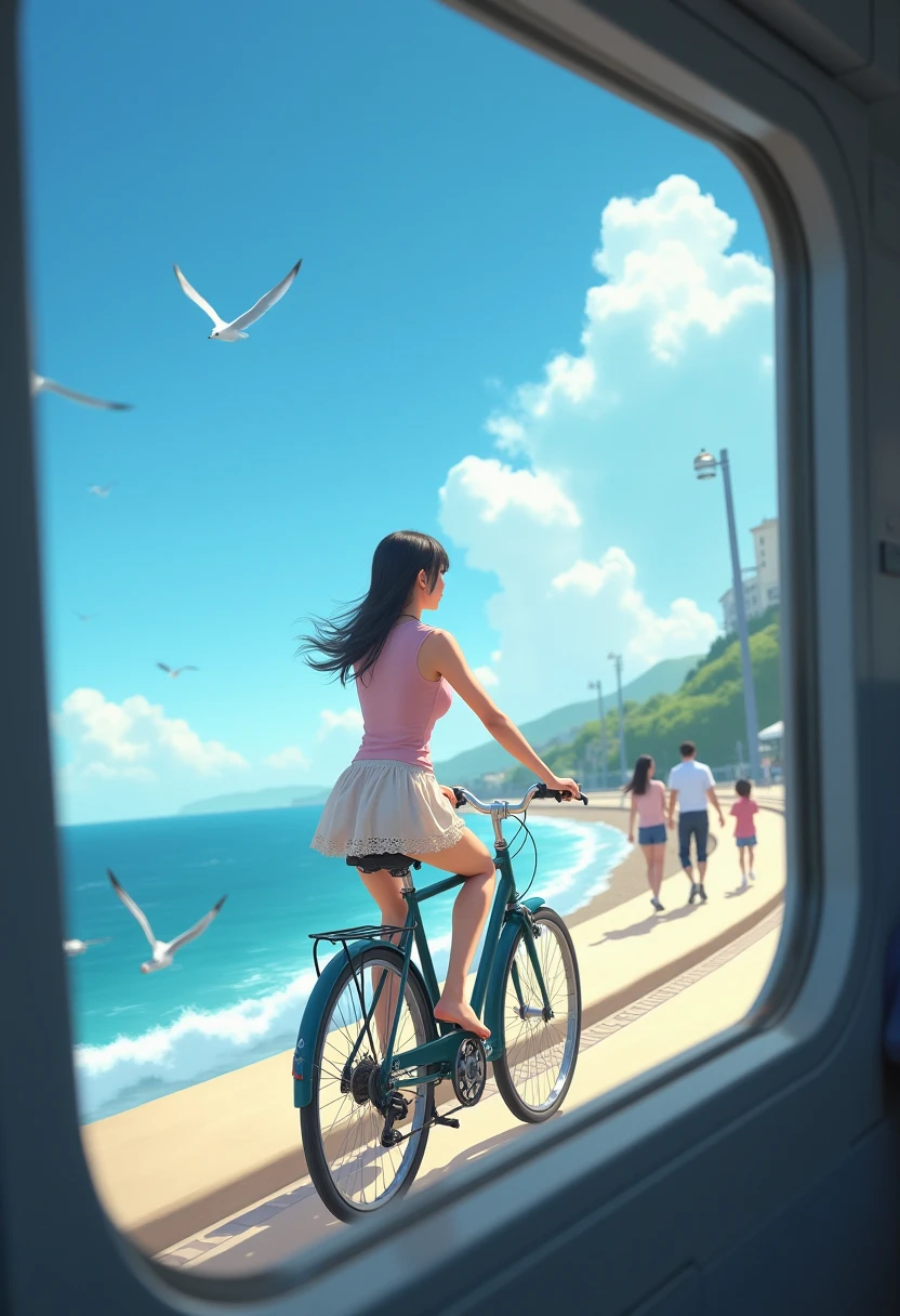 A cinematic movie scene realistic Japanese model rides her bicycle along the waterfront. Her pose is upright, her hands on the handlebars, her focus on the bike. She wears a light pink top, high-waisted lace mini thong, and her hair is tied back. The scene is seen through a train window, with the sea as the backdrop, exposed to the morning sunlight.As the train glides along the tracks, the rhythmic clatter of the wheels harmonizes with the gentle lapping of the waves against the shore. The model's bicycle glistens under the sun, its chrome reflecting the azure sky. Every now and then, a soft breeze lifts the hem of her top, revealing a hint of delicate lace that whispers of summer charm. 

Nearby, families stroll along the promenade, their laughter mingling with the sound of the sea, creating a lively backdrop to her solitary ride. Seagulls swoop overhead, their calls echoing against the distant horizon. Through the window, the vibrant colors of the landscape come alive—the deep greens of the grass, the vivid blues of the water, and the soft pastels of beach umbrellas peppering the sandy shore.

The model pedals effortlessly, her legs a study in graceful motion, embodying both freedom and joy. Her eyes twinkle with the thrill of adventure, as if each rotation of the wheels propels her further into a world of endless possibilities. The train, a fleeting observer, captures this moment of beauty amid the subtle dance between land and sea, a snapshot of life framed by the glass. As the journey continues, the scene shifts, yet her spirit lingers—an embodiment of youth and the bliss of a sun-kissed morning.