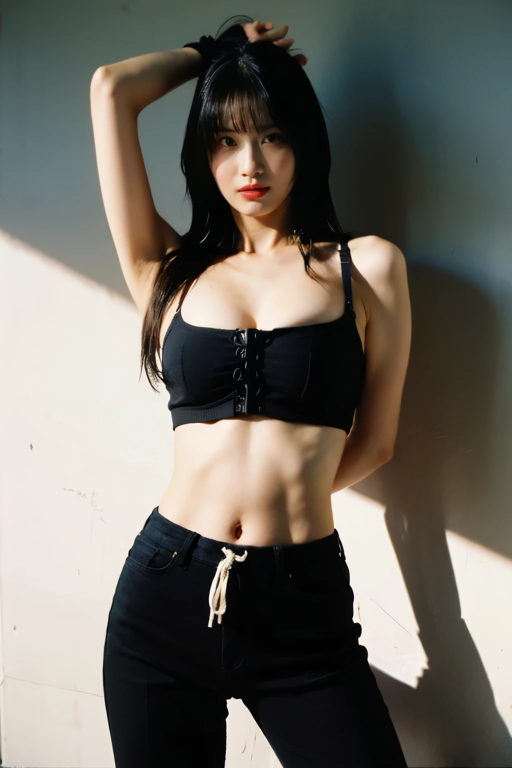 cute face, STANDING, (highres,masterpiece:1.2),ultra-detailed,realistic,professional, Beautiful body、Abdominal muscles,beautiful detailed eyes,beautiful detailed lips,dark hair,LONG black hair WITH BANG,,stunning black eyes,clear skin,18-year-old girl,fashionable LONG HAIR style WITH BANG,,Shinobi Academy,fierce determination,confident posture,crimson outfit, background filled with ninjutsu techniques,shadows cleverly accentuating her features,subtle studio lighting,sublime realism,striking color tones, arm up, dynamic pose, big breasts, topquality、Bondage Fashion、Anatomically accurate body, Cool Face, beautidful eyes、abdominals、big breast, Stylish beauty,Bondage Fashion、28 year old, One girl,Perfect Style,zori、Staring at the viewer, In the crotch,photographed:Norinobu Shinoyama,