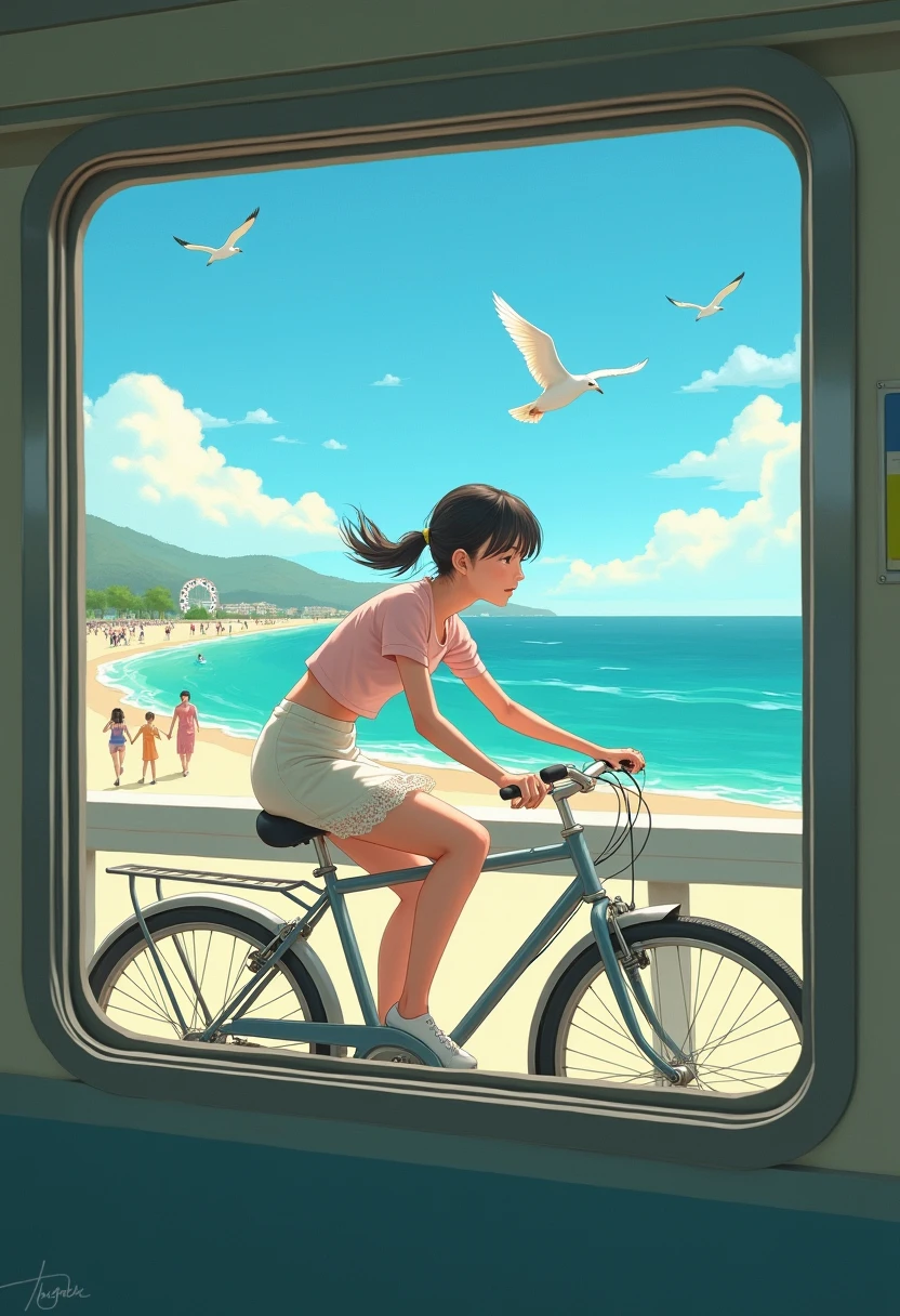 A cinematic movie scene realistic Japanese model rides her bicycle along the waterfront. Her pose is upright, her hands on the handlebars, her focus on the bike. She wears a light pink top, high-waisted lace mini thong, and her hair is tied back. The scene is seen through a train window, with the sea as the backdrop, exposed to the morning sunlight.As the train glides along the tracks, the rhythmic clatter of the wheels harmonizes with the gentle lapping of the waves against the shore. The model's bicycle glistens under the sun, its chrome reflecting the azure sky. Every now and then, a soft breeze lifts the hem of her top, revealing a hint of delicate lace that whispers of summer charm. Nearby, families stroll along the promenade, their laughter mingling with the sound of the sea, creating a lively backdrop to her solitary ride. Seagulls swoop overhead, their calls echoing against the distant horizon. Through the window, the vibrant colors of the landscape come alive—the deep greens of the grass, the vivid blues of the water, and the soft pastels of beach umbrellas peppering the sandy shore. The model pedals effortlessly, her legs a study in graceful motion, embodying both freedom and joy. Her eyes twinkle with the thrill of adventure, as if each rotation of the wheels propels her further into a world of endless possibilities. The train, a fleeting observer, captures this moment of beauty amid the subtle dance between land and sea, a snapshot of life framed by the glass. As the journey continues, the scene shifts, yet her spirit lingers—an embodiment of youth and the bliss of a sun-kissed morning.