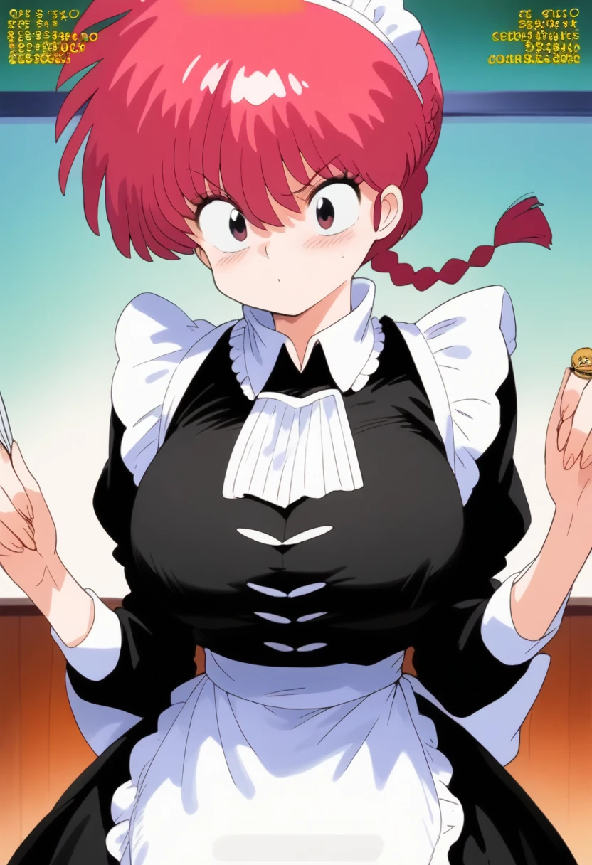 Ranma saotome, Red hair, Hair with braid, very large breasts, (rostro perfecto:1.4), maid outfit, maid costume, lace neck collar, cuerpo completo, falta larga, 