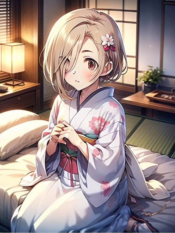 In 8K、top-quality、​masterpiece、 ultra-detailed、 ultra high resolution、 anime style、Traditional Japanese room、night、Dark room with no windows、Light-colored yukata、On the futon、Chest Cleave 、Shoulder Bare,　 blond hair, Hair over the eyes,  short hair,  Brown Eyes ,  flat chest