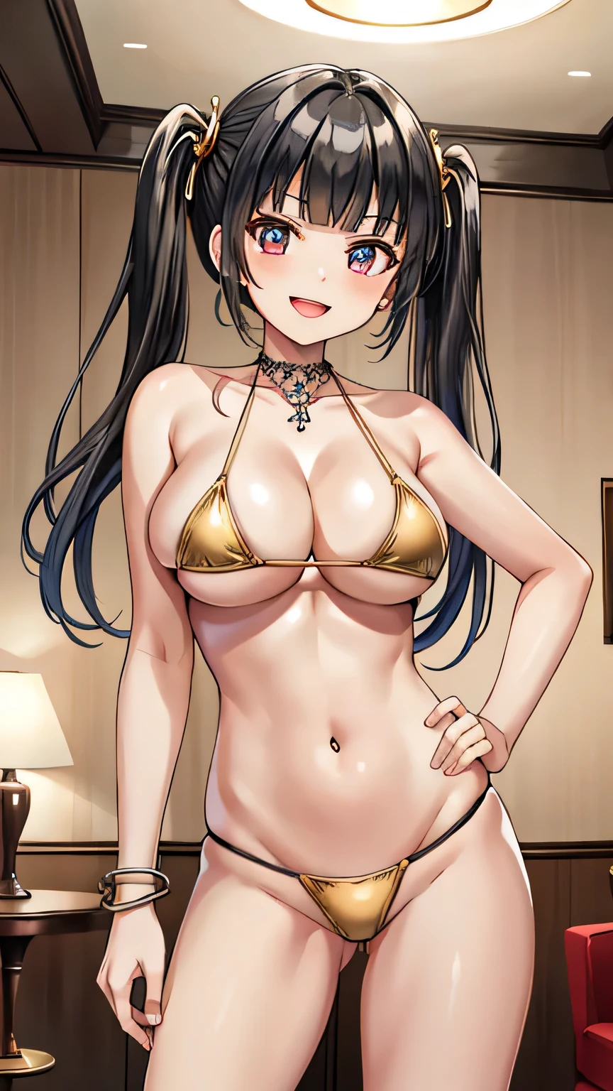 masterpiece, extremely detailed, official art,best quality, 1girl, solo, nsfw, (metal accessory:2), (vulgar,side tied bikini,navel pierce:1.5), (groin,plunging:1.4), areola, navel, (cowboy shot:1.2),, ass, looking at viewer, (standing,from front,straight on:2),(indoor,luxury hotel:1.5),
BREAK (large breasts:1.5), (:1.2), (evil smile:1.1), (happy:1.1), smile, open mouth,
BREAK
tsurime, big eyes,black hair,shiny eyes, straight twintails,blunt bangs,shiny hair,