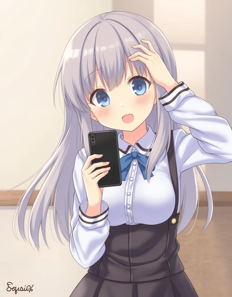 1girl, solo, face hidden by phone, taking a picture, Dressed, Anime, 2D