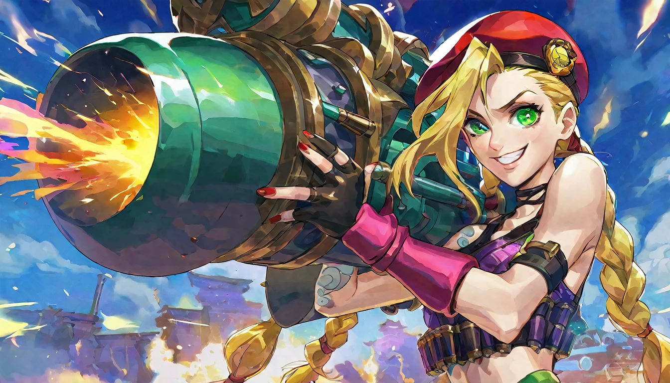 score_9, score_8_up, score_7_up, score_6_up, best aesthetic, 1girl, solo, long hair, looking at viewer, smile, bangs, red beret hat, cammy outfit \(street fighter\), bare shoulders, blonde hair, braid, red gloves, shiny, fingerless gloves, green eyes, nail polish, shiny hair, twin braids, gradient, hands up, gradient background, tattoo, glowing, explosive background, pink nails, asymmetrical bangs, arm tattoo, shoulder tattoo, jinx \(league of legends\), holding a giant cannon