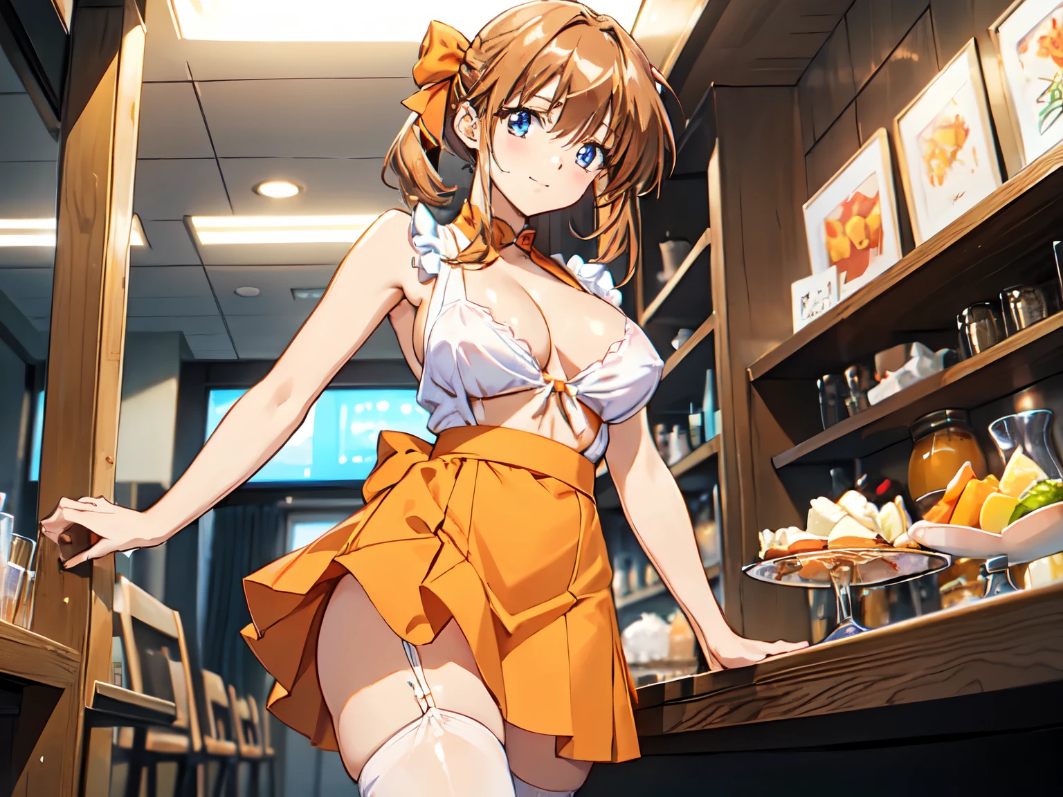 Brown Hair、((((masterpiece) (((((Highest quality))))((high resolution))))), Very detailed, 、、(Red lace panties、、、、、、lockerルーム、Take off panties、、Beautiful panties、Brown Eyes、Expressionless、Short Ponytail、、Open White Shirt、Nipples、、topless、Look to the right、Forehead、Chamber of Secrets..Big Breasts、locker
