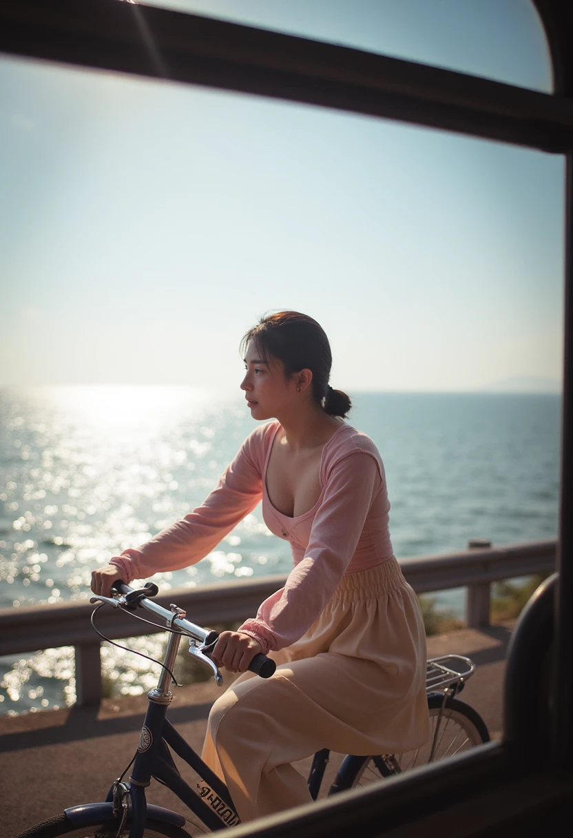 A Japanese model rides her bicycle along the waterfront. Her pose is upright, her hands on the handlebars, her focus on the bike. She wears a light pink top, high-waisted lace mini thong, and her hair is tied back. The scene is seen through a train window, with the sea as the backdrop, exposed to the morning sunlight.