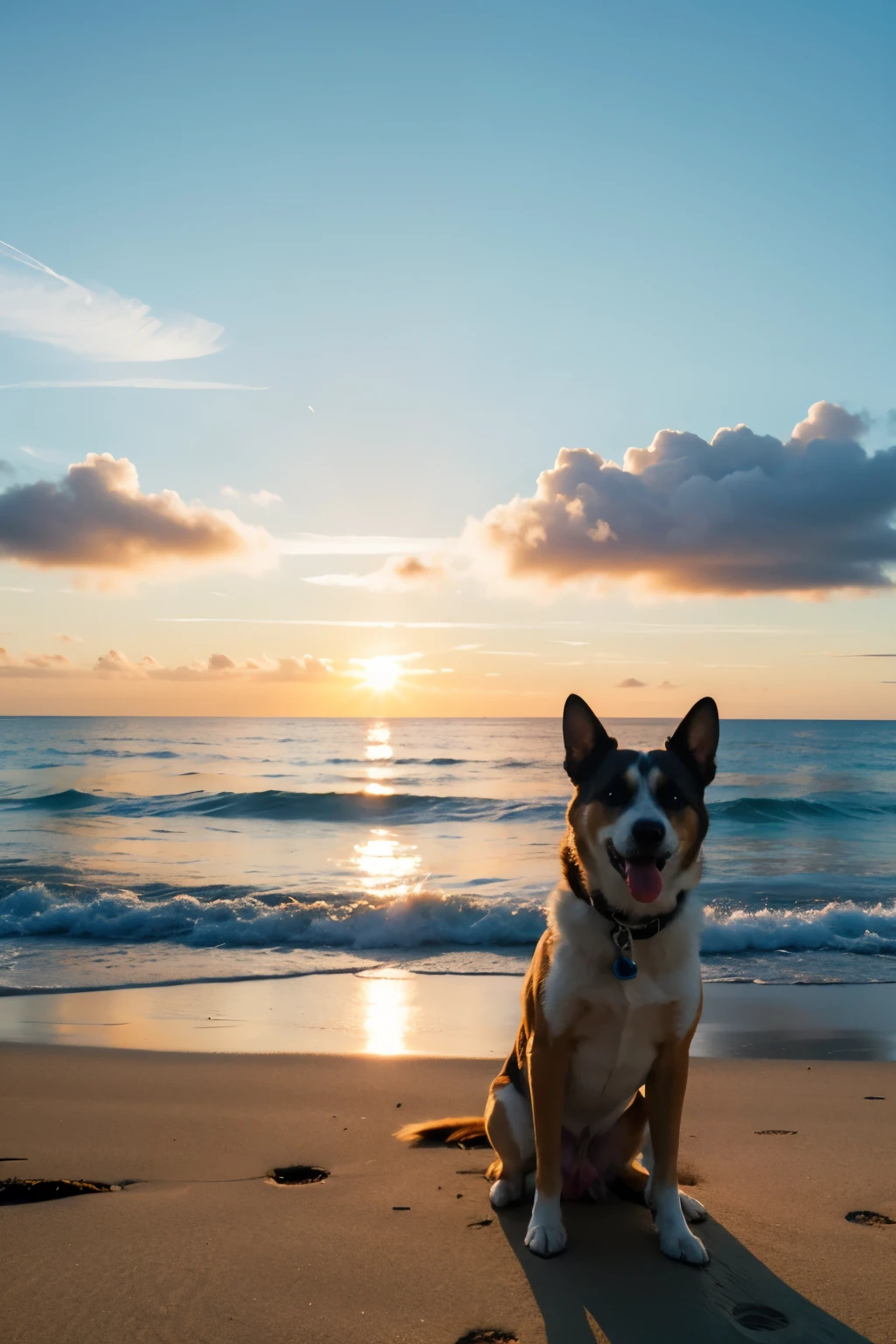 realistic,ocean,sunrise,a dog in front