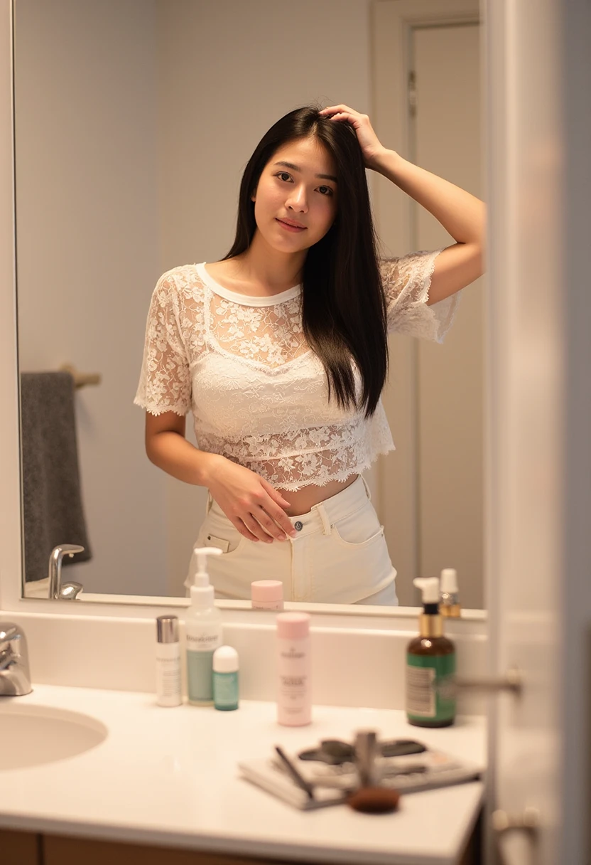 Mirror shot of a woman with long, straight, dark brown hair that hangs loosely in a modern bathroom. She wears a sheer, see-through, lace, openwork T-shirt that is slightly lifted with one hand to reveal her toned stomach, paired with a pair of high-cut white mini-shorts. The bathroom has a simple design with neutral colors and warm lighting that casts soft shadows, creating a warm and intimate atmosphere. The counter in front of her is stocked with various items, including skincare products, magazines, and makeup brushes, giving a homely feel. The woman has a sweet smile and charming eyes.