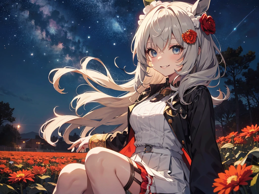 (solo:1.5), (alone:1.5), anime, Uma Musume, (horse ear:1.5), (Red Flower Field), (enamel long dress :1.5、 micro denim shorts  :1.5、 garter stockings ), (Curly Wavy Hair, Long Hair), (Red Flower Hair Ornament:1.5), Large Breasts, Lipstick Makeup, Eyeshadow Makeup, Bared Fangs, Muscular, Starry Sky, Night Sky, Strong Wind, From the Chest Up, UHD, Masterpiece, Correct Answer, Ultra HD, High Quality, Award Winning, Top Quality, High Resolution, 8k、(Older sister sitting)、(smile)、( upper body)