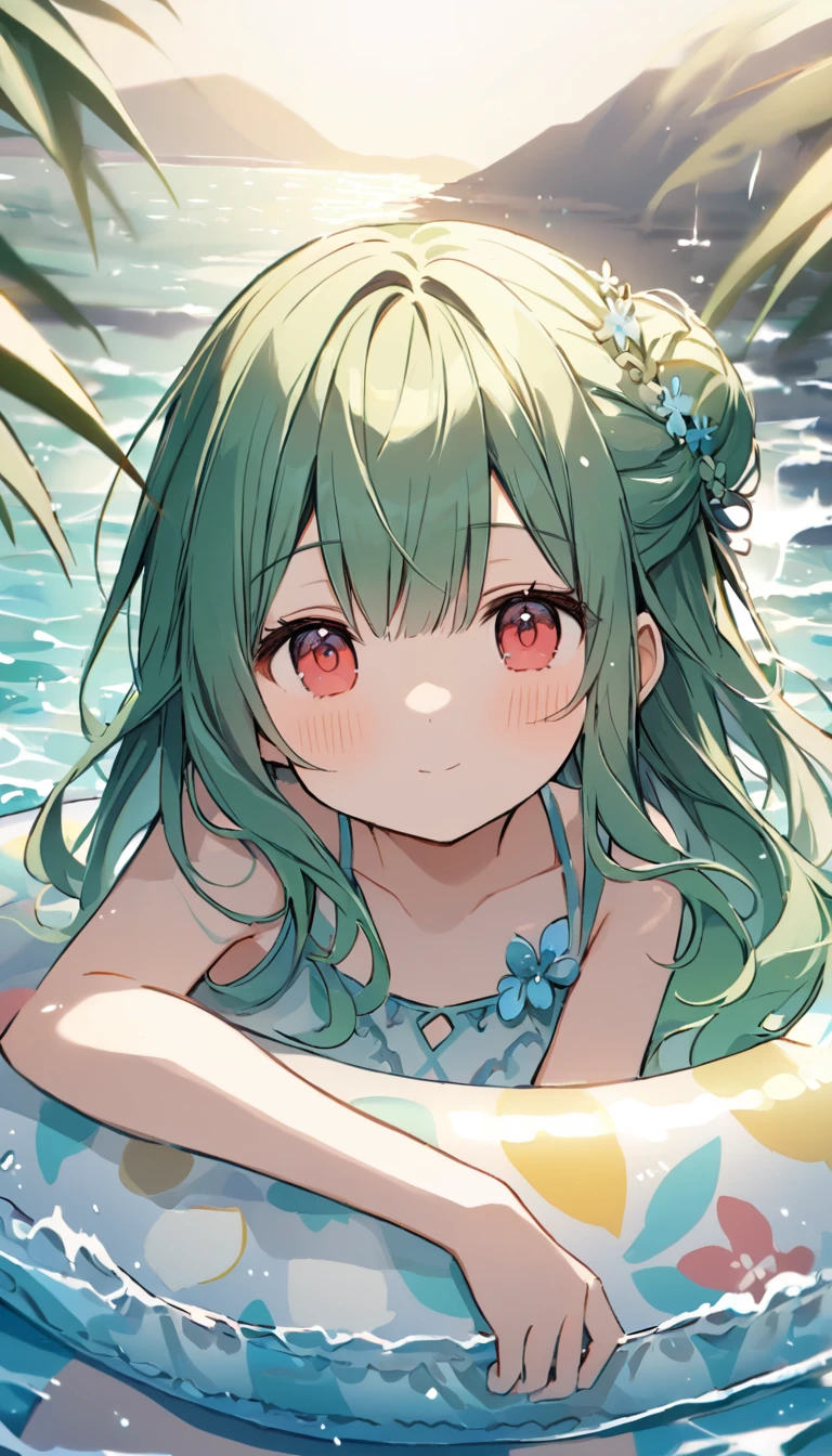 (((Young Girl)))、(( 1 girl)),( Red Eyes),（Short stature）,(Slanted Eyes),(( emerald green hair ))、( bun hair)、Young appearance、(( swimsuit))、In the water、One side of the sea、(((Girl ride on the innertube)))、Vector art、spirit of the wind、Backlight、Bright in backlight、Sun behind、Summer sky、cumulonimbus、Narrowed eyes and a happy look、cheek、The waves splash and the water shines beautifully.